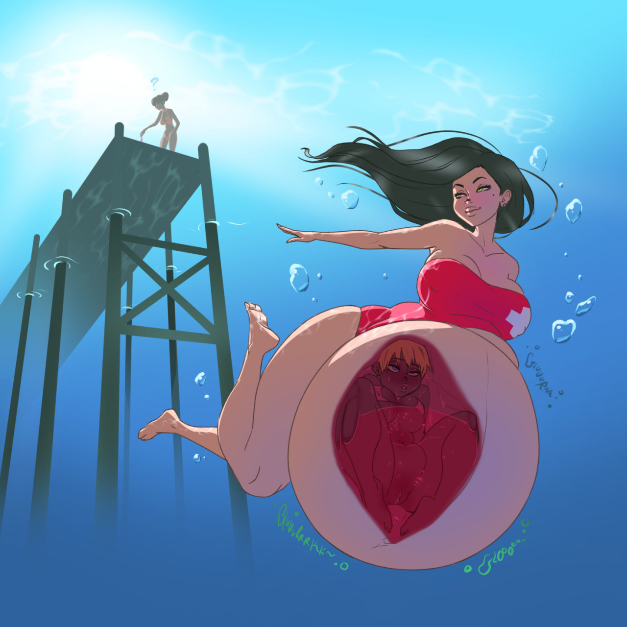 belly, big belly, female, female pred, huge belly, internal, one-piece swimsuit, pussy, same size vore, swimsuit, underwater, vore, x-ray, zedbeenfed