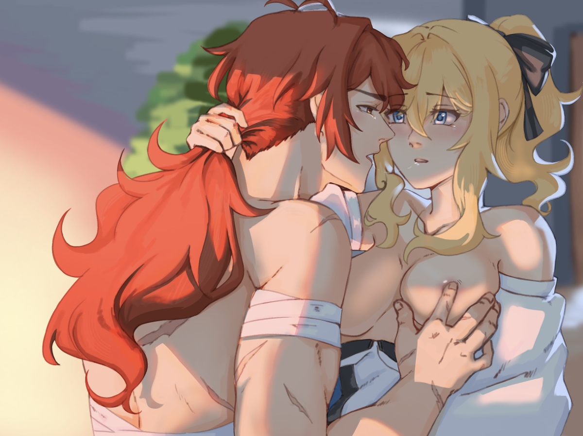 1boy, 1girls, artist request, bandage, blonde female, blonde hair, blue eyes, breasts, breasts out, diluc (genshin impact), exposed breasts, female, genshin impact, hair grab, jean gunnhildr, long hair, long-haired male, male, male/female, partially nude, ponytail, red hair, scar, shirtless, straight, teasing nipple