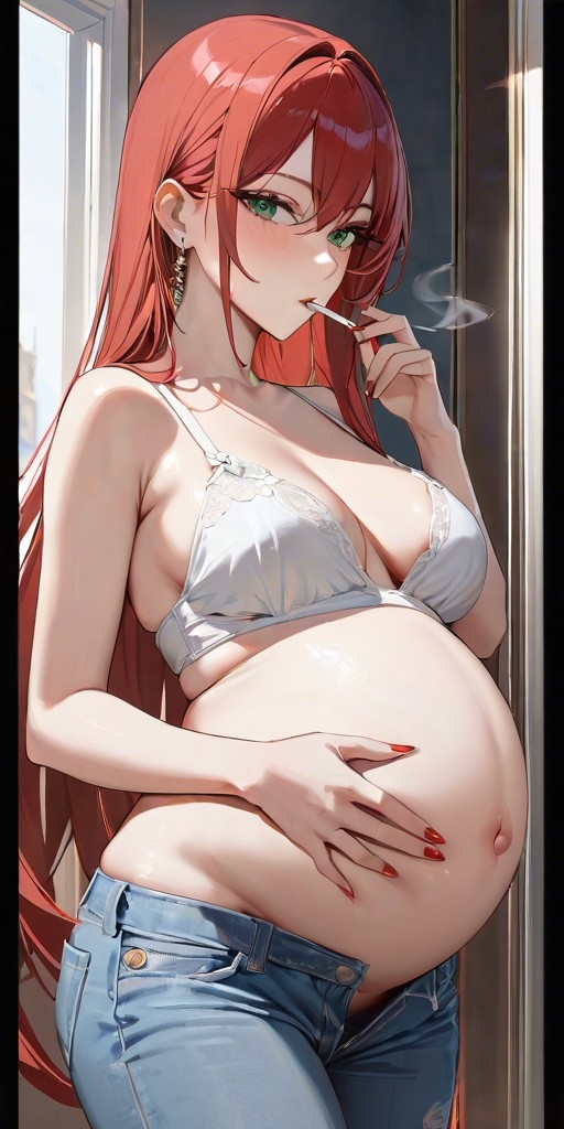 ai_generated bare_shoulders blush blushing bra breasts cigarette cleavage commentary_request earrings green_eyes jeans lace lace-trimmed_bra lace_trim long_hair looking_at_viewer medium_breasts nail_polish open_clothes original pelvic_line pregnant pregnant_belly pregnant_female red_hair red_nails smoking smoking_while_pregnant tagme unzipped