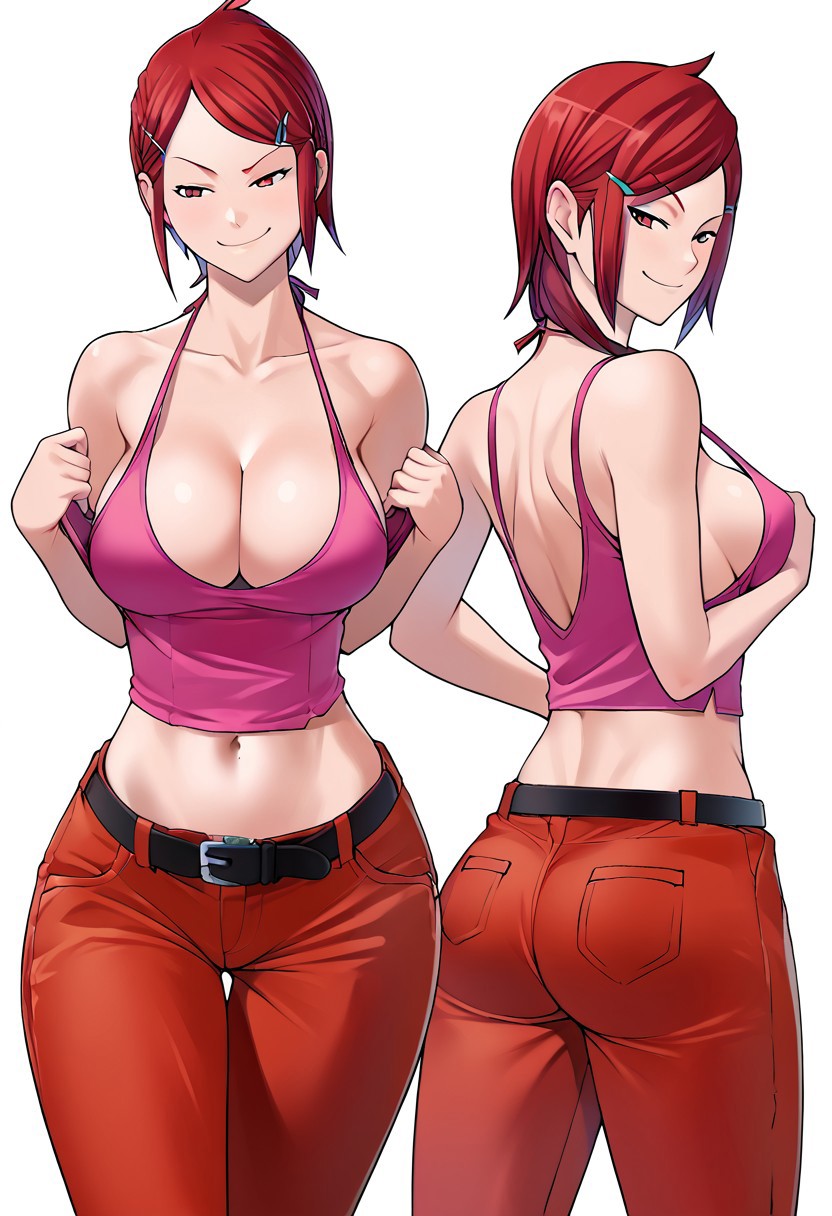 1girls ai_generated back_view belt digital_media_(artwork) female_only flat_colors front_view hairclip hourglass_figure multiple_views original original_artwork original_character pointy_chin side_swept_bangs tank_top white_background wide_hips