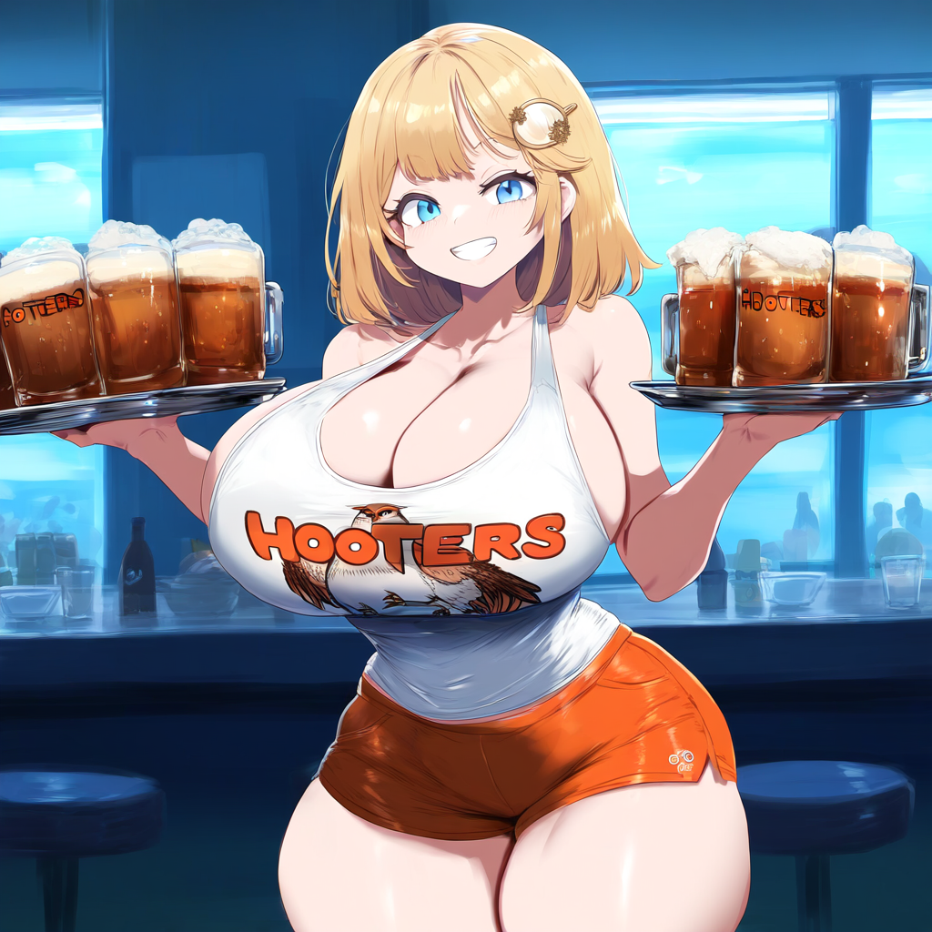 ai_generated ameanon big_breasts blonde_hair blue_eyes breasts cleavage hololive hololive_english hololive_myth hooters hooters_uniform huge_breasts large_breasts mommy short_shorts shorts sideboob tank_top thick_thighs virtual_youtuber vtuber waitress watson_amelia