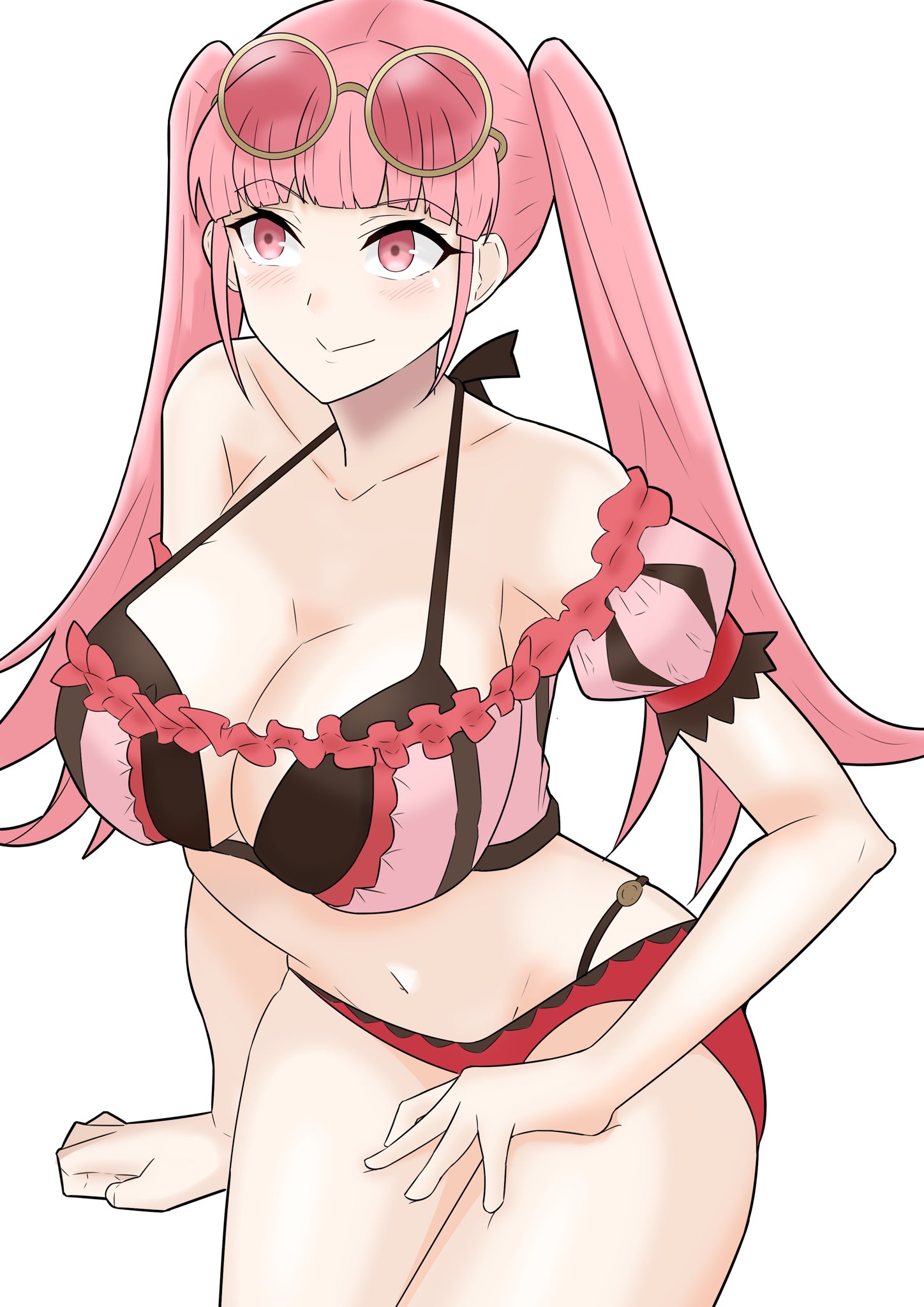big breasts, bikini, breasts, cleavage, female, female only, fire emblem, fire emblem heroes, fire emblem: three houses, hilda valentine goneril, hilda valentine goneril (summer), large breasts, light skin, light-skinned female, maplesugar7324, midriff, navel, nintendo, pink eyes, pink hair, simple background, smirk, solo, sunglasses, sunglasses on head, swimsuit, thick thighs