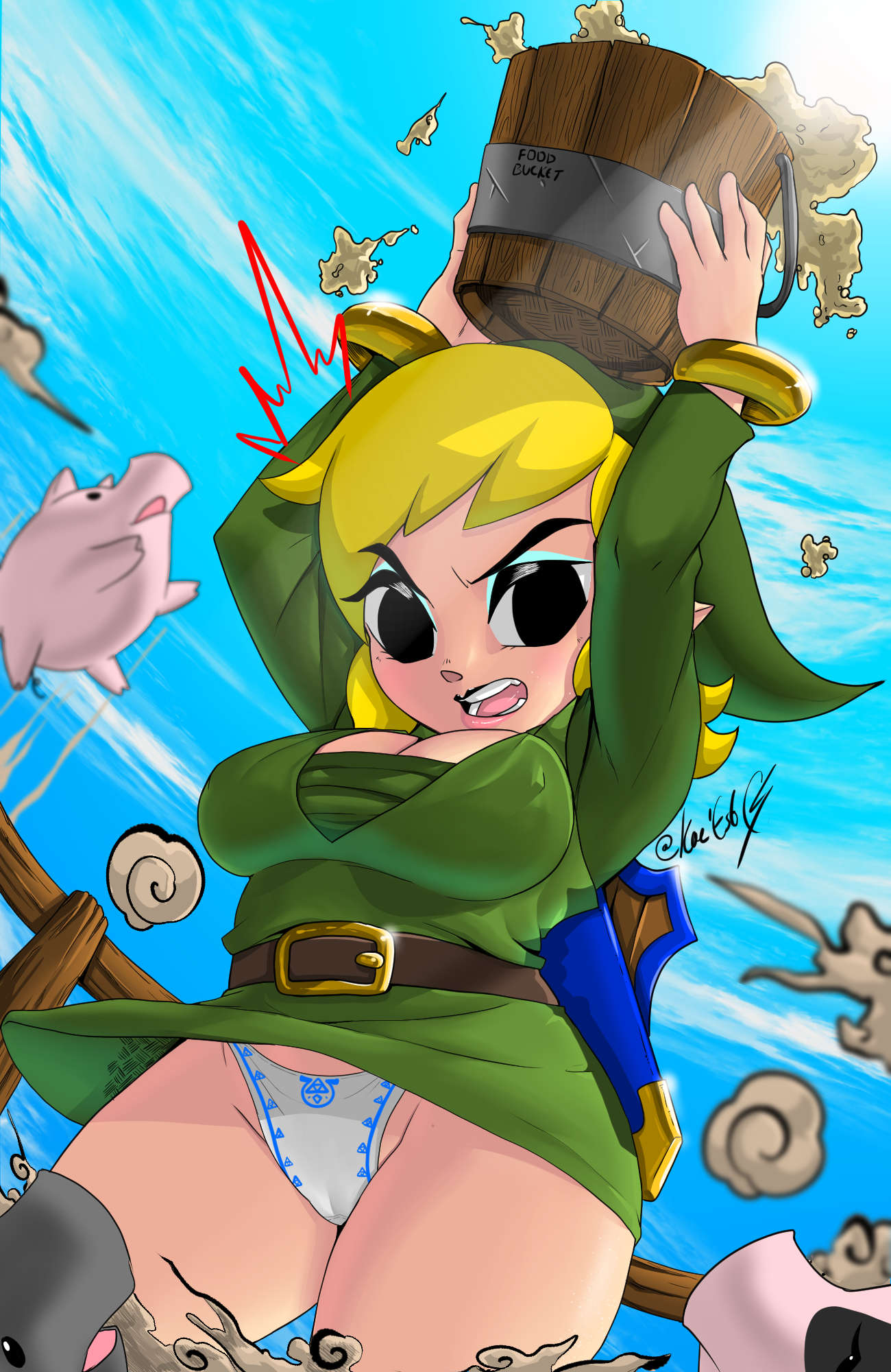 ass belt black_eyes blonde_hair bucket eyeshadow genderswap_(mtf) green_clothing hylian hylian_ears kae-est_art link looking_back makeup mascara master_sword medium_breasts nintendo panties pig rule_63 tagme the_legend_of_zelda the_wind_waker toon_link toon_linka upskirt wind_waker