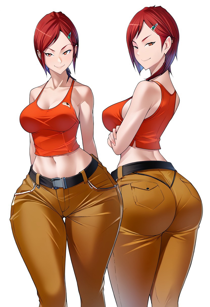 ai_generated arms_crossed back_view baggy_clothing belt cargo_pants digital_media_(artwork) female_only flat_colors front_view hairclip hips hourglass_figure light-skinned_female midriff multiple_views navel original original_artwork original_character red_hair red_head side_swept_bangs simple_background smile smirk solo solo_female tank_top thick_thighs white_background wide_hips zrhap