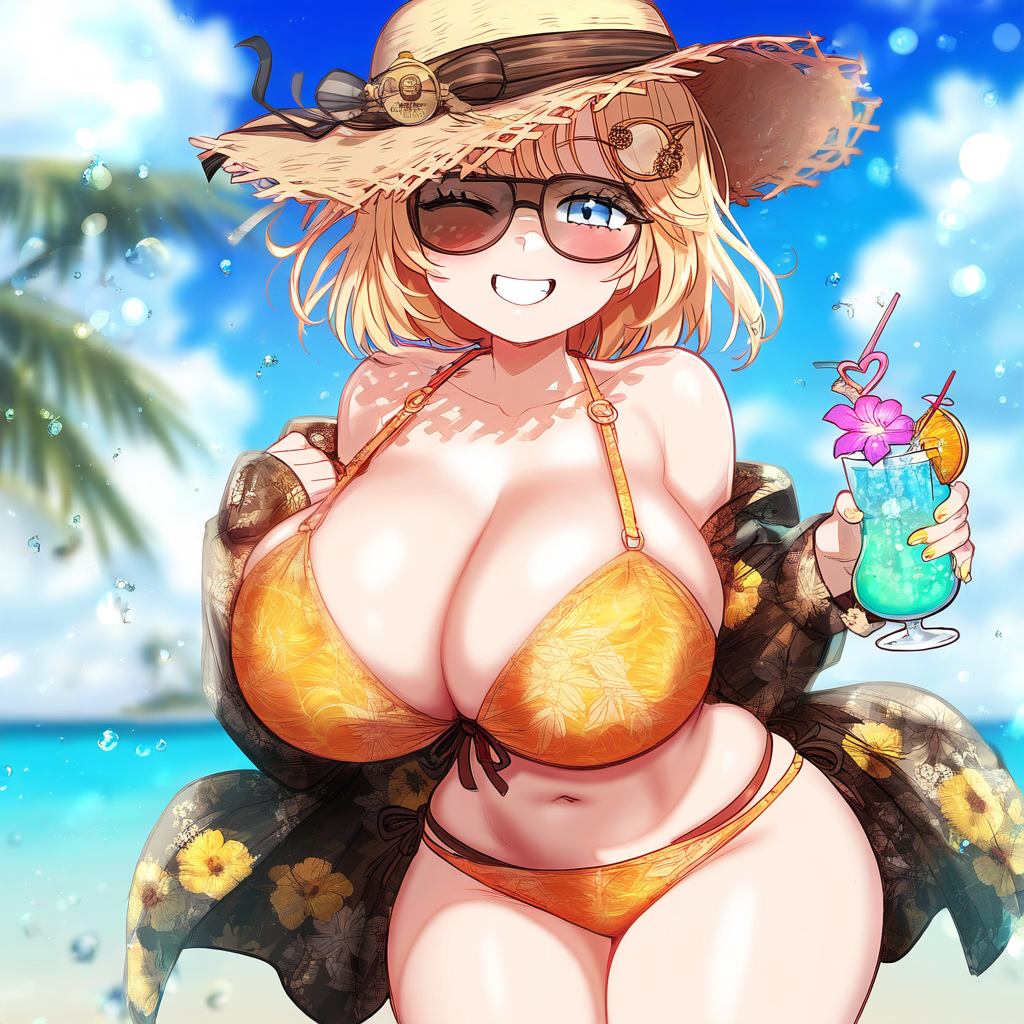 ai_generated beach big_breasts bikini blonde_hair blue_eyes breasts cleavage drink hawaiian_shirt holding_drink hololive hololive_english hololive_myth huge_breasts large_breasts mommy straw_hat sunglasses tropical_drink virtual_youtuber vtuber watson_amelia