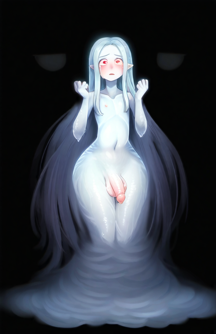 ai_generated blue_hair blue_hair_male blush collarbone ectobody ectoplasm femboy frown frowning ghost ghost_boy hands_up long_hair male monster_boy monster_femboy mortuus navel nipples novelai pale_skin pale_skinned_male penis pointy_ears red_eyes simple_background slime slime_boy solo solo_male testicles very_long_hair white_body white_hair white_hair_male