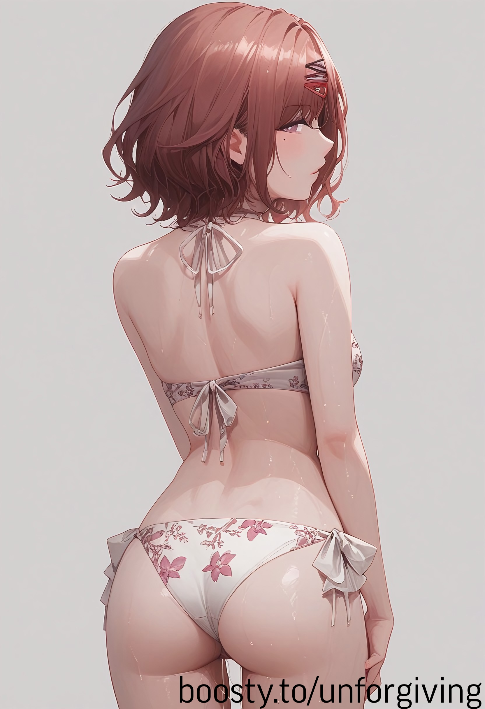 ai generated, armpits, ass, ass focus, belly, bikini, breasts, covered nipples, female, hips, large breasts, navel, orange bikini, orange eyes, pussy, pussy juice, pussy juice drip, pussy juice trail, unforgiving, wet, wet body, wet pussy, wet skin