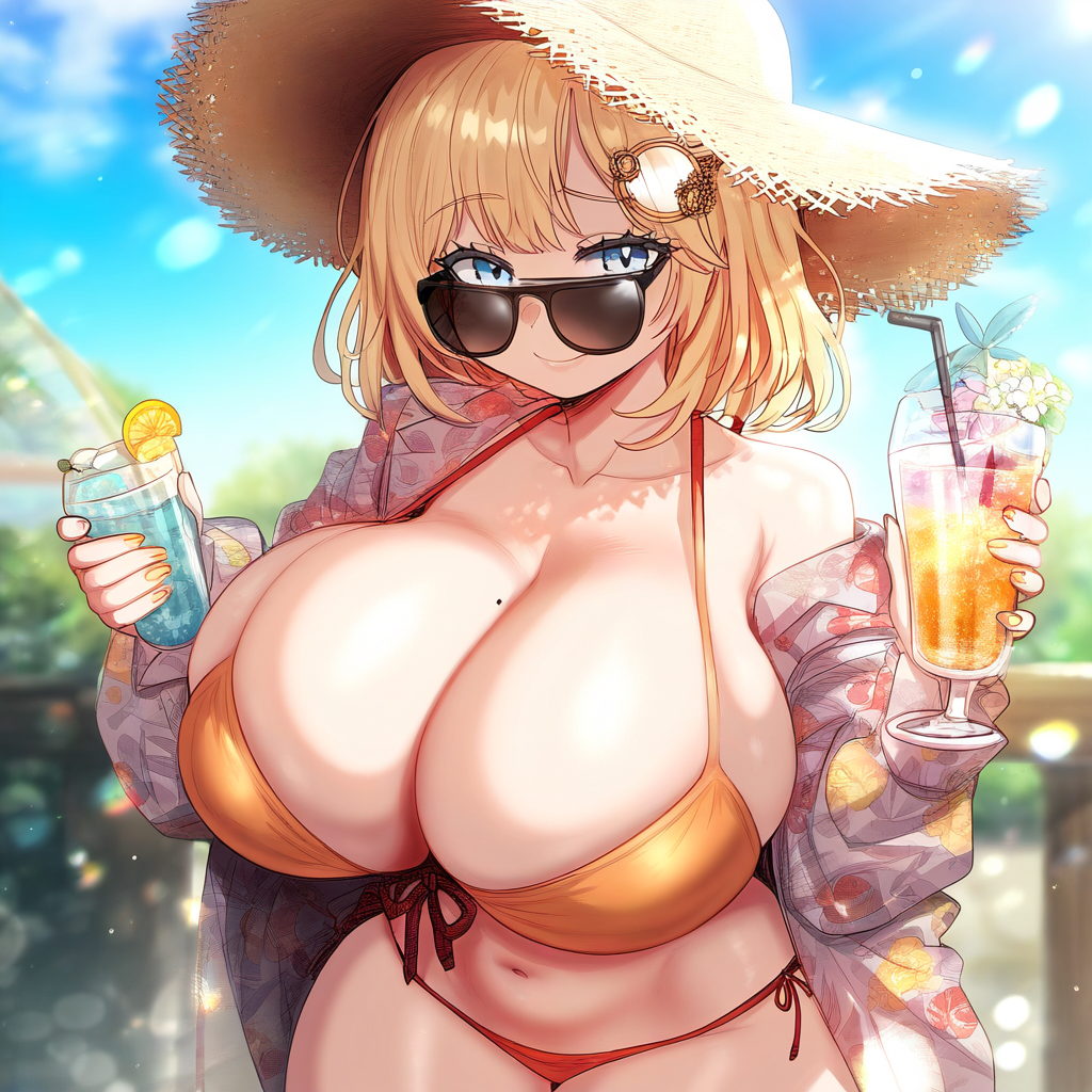 ai_generated ameanon beach big_breasts bikini blonde_hair blue_eyes breasts breasts_bigger_than_head cleavage drink hawaiian_shirt holding_drink hololive hololive_english hololive_myth huge_breasts large_breasts mole_on_breast mommy side-tie_bikini sideboob straw_hat sunglasses tropical_drink virtual_youtuber vtuber watson_amelia