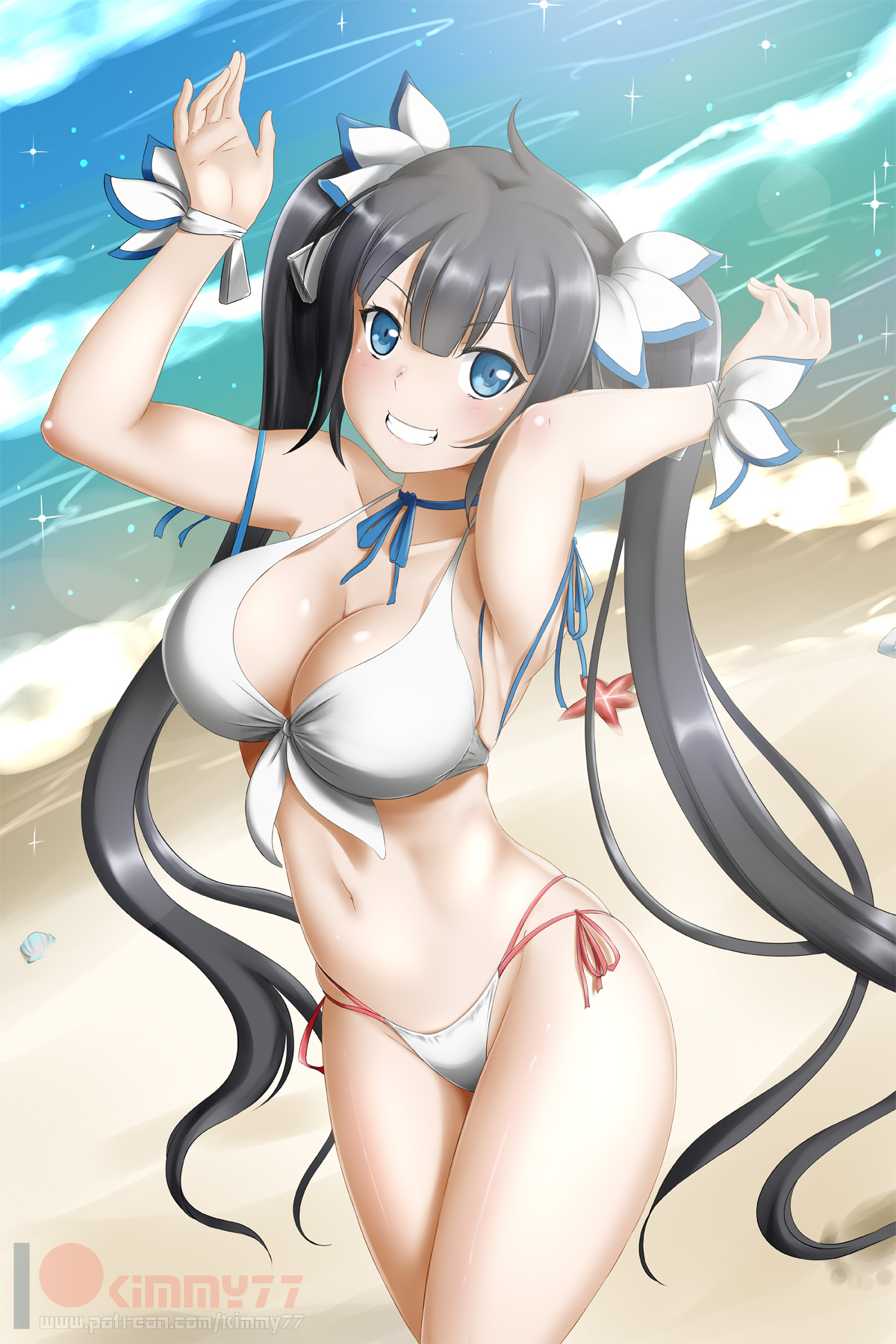 1girls, big breasts, bikini, blue eyes, breasts, dungeon ni deai wo motomeru no wa machigatteiru darou ka, female, female only, hestia (danmachi), kimmy77, large breasts, looking at viewer, solo