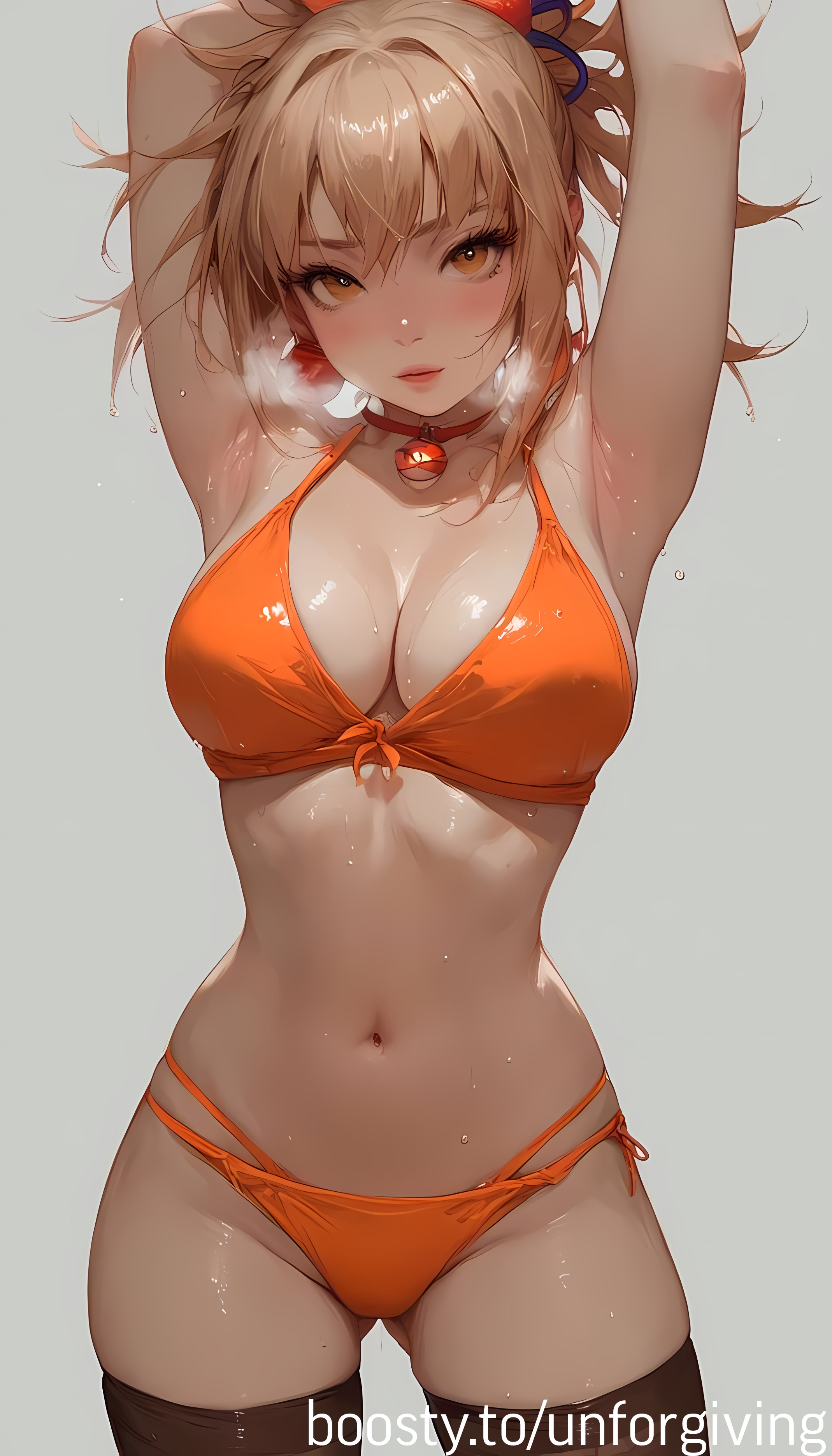 ai generated, armpits, belly, bikini, blonde hair, breasts, covered nipples, female, genshin impact, hips, large breasts, navel, orange bikini, orange eyes, pussy, pussy juice, pussy juice drip, pussy juice trail, unforgiving, wet, wet body, wet pussy, wet skin, yoimiya (genshin impact)