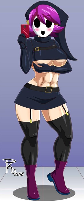 1girls, 2018, abs, belt, beltskirt, big breasts, black gloves, black legwear, black skirt, black stockings, black thighhighs, black topwear, blush, blushing, boots, breasts, busty, cellphone, cellphone camera, cellphone picture, cleavage, clothing, curvy, dated, eyebrows visible through hair, eyelashes, female, female only, fit, fit female, full body, fully clothed, garter straps, gloves, holding phone, hood, huge breasts, large breasts, legwear, long sleeves, looking at viewer, mario (series), mask, masked, muscles, muscular, muscular female, nintendo, phone, pk-studios, purple boots, purple hair, selfie, sexually suggestive, shadow, shiny clothes, shiny hair, shiny skin, shy gal, signature, simple background, skimpy, skimpy clothes, skirt, smartphone, smile, smiling, solo, standing, stockings, taking picture, thick thighs, thighhighs, topwear, turtleneck, underboob, video game, video games, voluptuous, white mask, wide hips