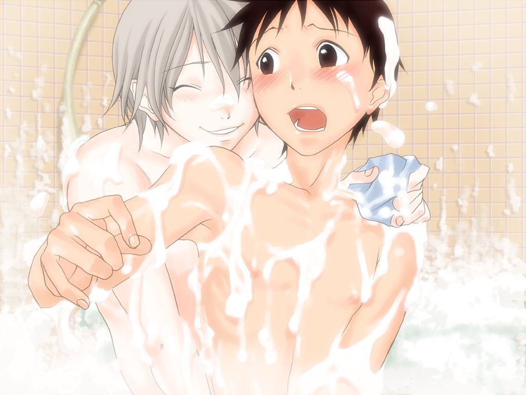 bathing bathroom bathtub black_hair blushing gay kaworu_nagisa neon_genesis_evangelion no_visible_genitalia shinji_ikari skinny soap_bubbles source_request tagme tiled_wall washcloth water yaoi young