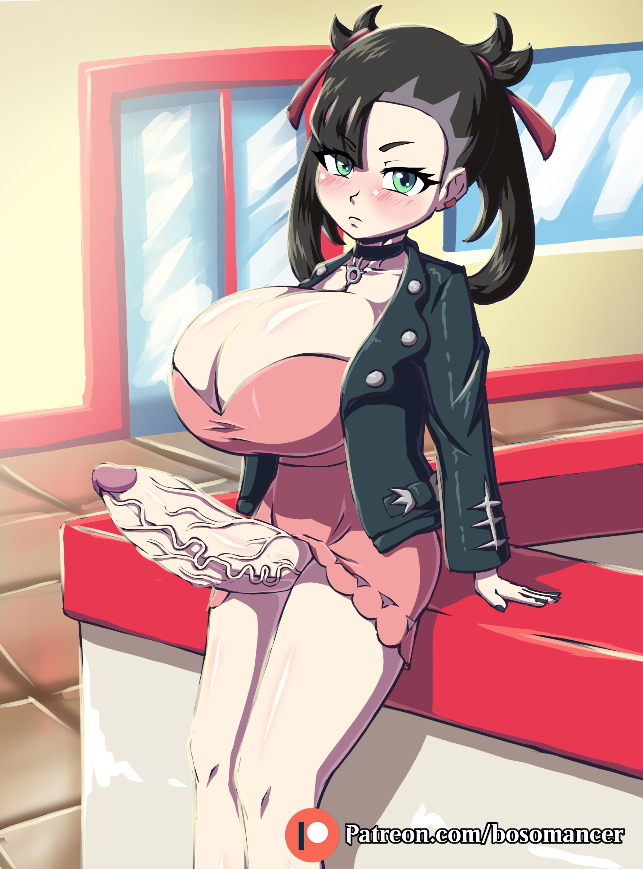 1futa, 1girls, adult futa, aged up, alternate breast size, big breasts, bosomancer, breasts, bursting breasts, exposed penis, female, futa only, futanari, game freak, huge breasts, huge penis, human, human only, intersex, intersex only, marnie (pokemon), nintendo, no sex, penis, pokemon, pokemon ss, public exposure, public place, veiny penis