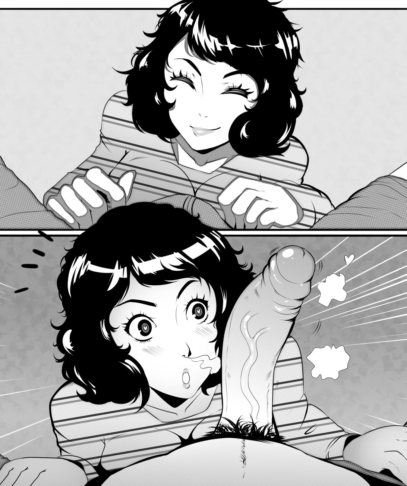 1boy, 1girls, artist name, atlus, big penis, black and white, blush, female, foreskin, hairy, heart-shaped pupils, imminent fellatio, imminent oral, male, megami tensei, penis, penis awe, persona, persona 5, sadayo kawakami, spookiarts, steam, surprised, tagme, teacher, teacher and student, uncensored, uncircumcised, uncut, veiny penis