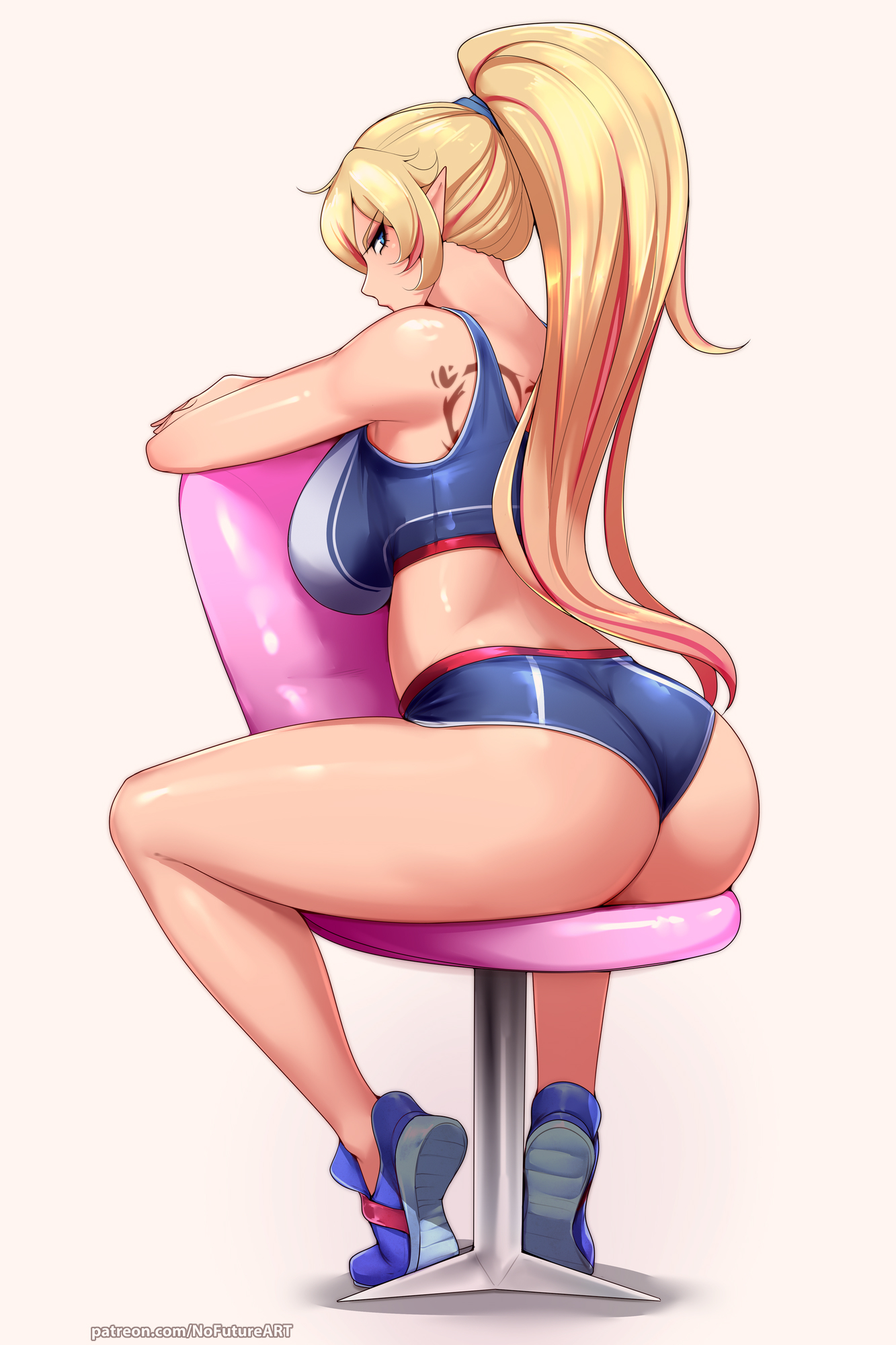 1girls, ass, big breasts, blonde hair, blue eyes, breasts, commission, elf, elf ears, elf female, female, female only, hi res, high ponytail, long hair, looking at viewer, looking back, looking back at viewer, nofuture, original, original character, pointy ears, ponytail, rear view, sitting, sitting on chair, solo, sportswear, tattoo, tattoo on back, thick ass, thick thighs