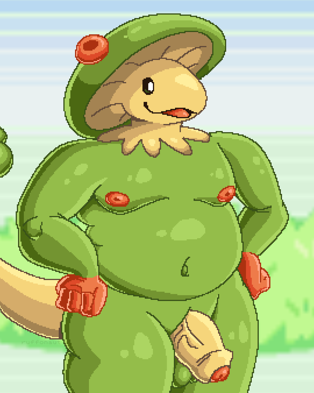 4:5 anthro anthrofied breloom elemental_creature foreskin fungi_fauna fungus generation_3_pokemon genitals glistening glistening_body green_body green_mushroom green_skin hi_res male moobs multicolored_body mushroom nintendo nipples open_mouth open_smile overweight overweight_anthro overweight_male penis pokemon pokemon_(species) raised_tail ruffonaut_(artist) simple_background smile solo tail tan_body tan_skin tan_tail thick_thighs two_tone_body vein veiny_penis