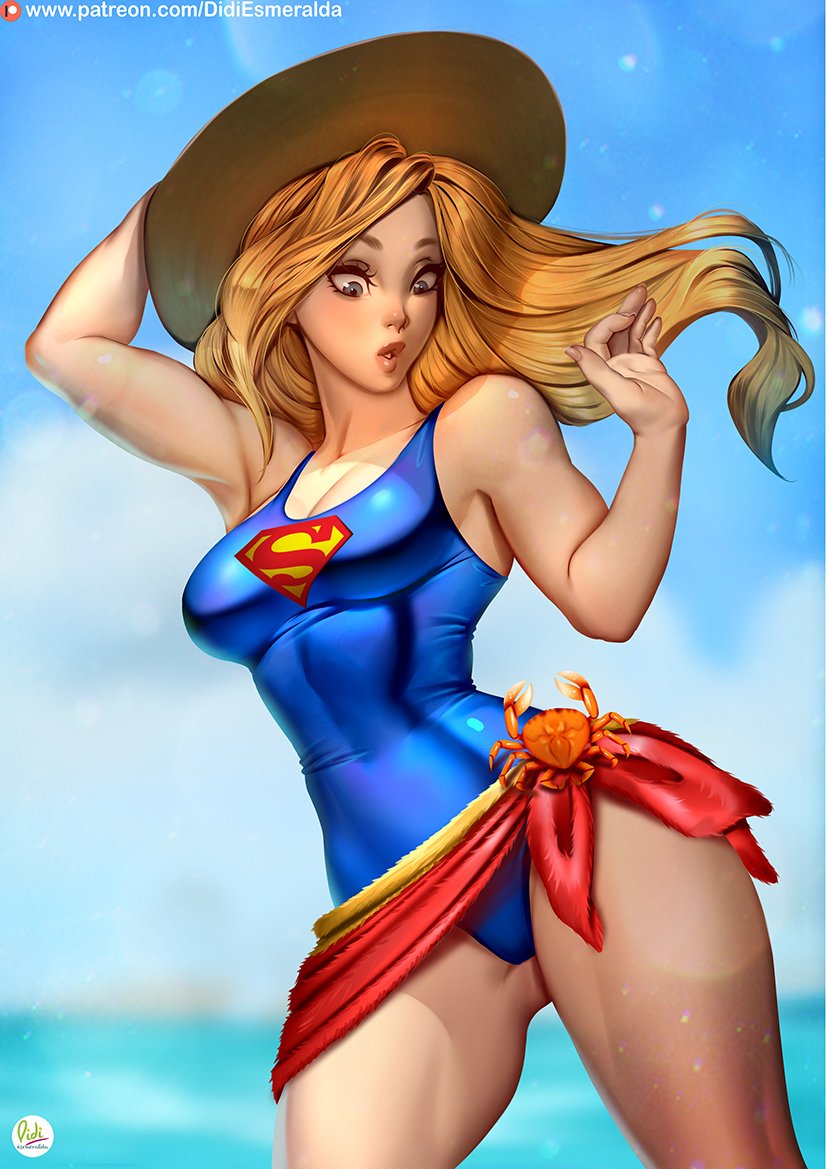 1girls, arm up, ass, big ass, blonde hair, blurry background, cleavage, costume, dc, dc comics, didi esmeralda, digital media (artwork), eyelashes, female, female focus, female only, hat, kara zor-el, light skin, long hair, one-piece swimsuit, outdoors, solo, solo female, solo focus, standing, supergirl, superman (series), swimsuit, thick thighs, thighs, watermark