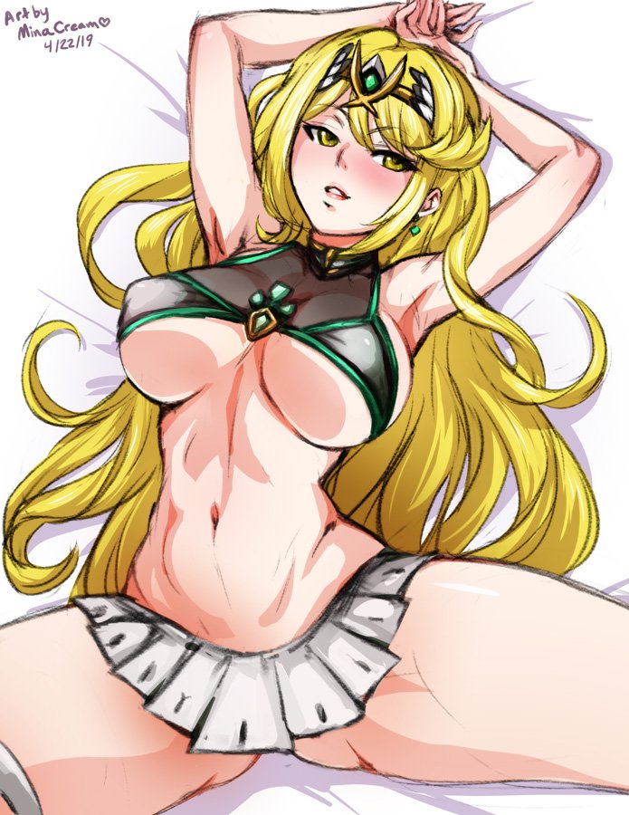 1girls, areolae, arms up, bangs, bed, bed sheet, bikini, blonde hair, blush, breasts, dress, earrings, female, gem, hair ornament, headpiece, jewelry, large breasts, lips, long hair, lying, matching hair/eyes, minacream, mythra (xenoblade), naughty face, navel, nintendo, nipples, open mouth, pervert, pose, short dress, skirt, solo, swept bangs, swimsuit, teeth, thigh strap, very long hair, white dress, xenoblade (series), xenoblade chronicles 2, yellow eyes