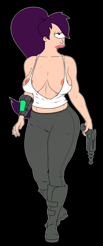 big_breasts black_background boots cyclops full_body futurama gun large_breasts legs looking_at_viewer nipples pbrown ponytail purple_hair simple_background tank_top thighs turanga_leela weapon wide_hips