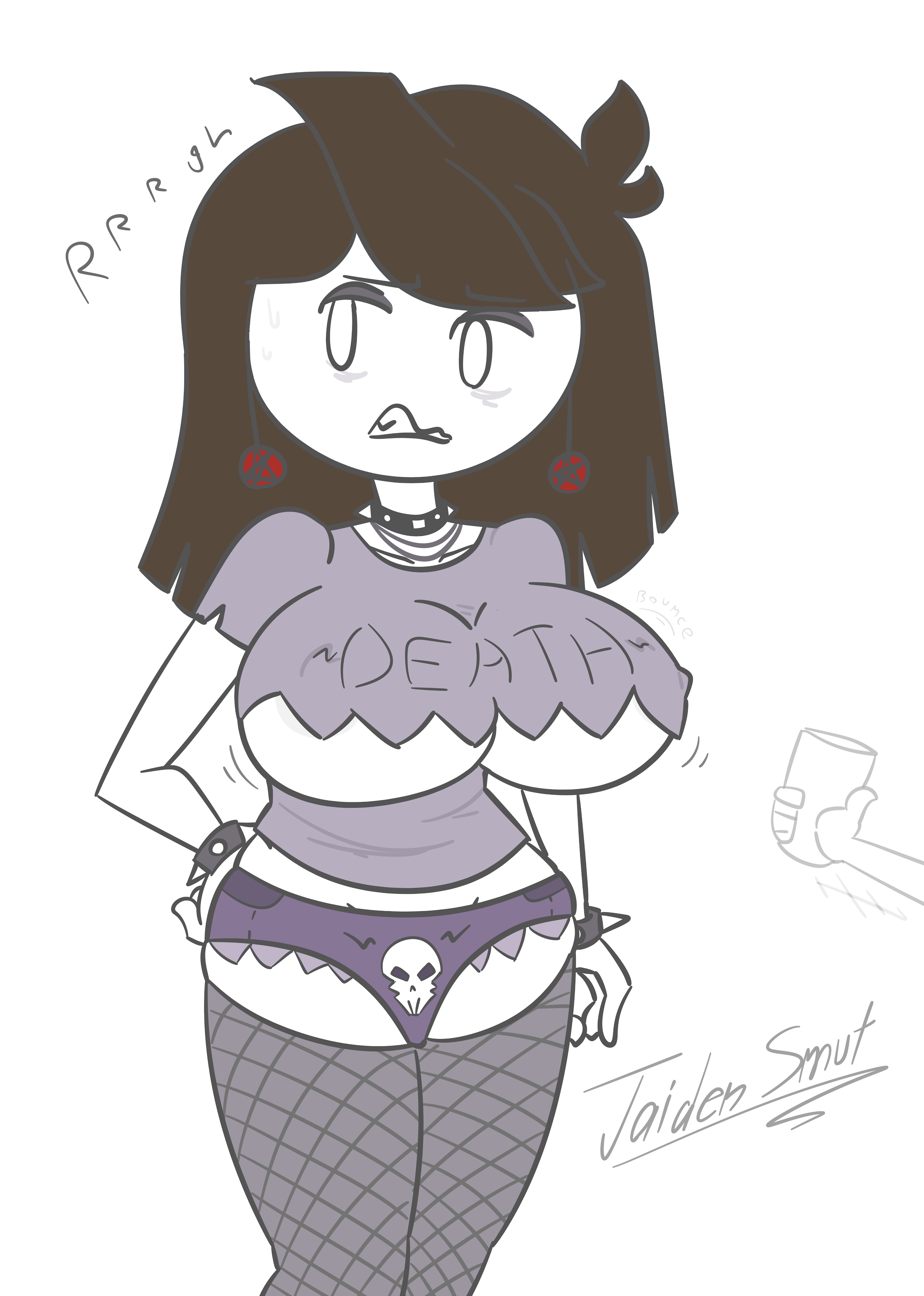 1girls, angry, big breasts, breasts, breasts out of clothes, choker, curvaceous, daisy dukes, dark hair, dialogue, earrings, emo, female, fishnet stockings, fishnets, goth, huge breasts, jaiden, jaiden animations, jaiden smut, large breasts, long hair, mob face, necklace, pentagram, shirt, skull, slobbyslapper, spiked collar, spikes, sssir, sssir8, stockings, straight hair, text, thick thighs, tight clothing, tight fit, tights, underboob, youtube, youtuber