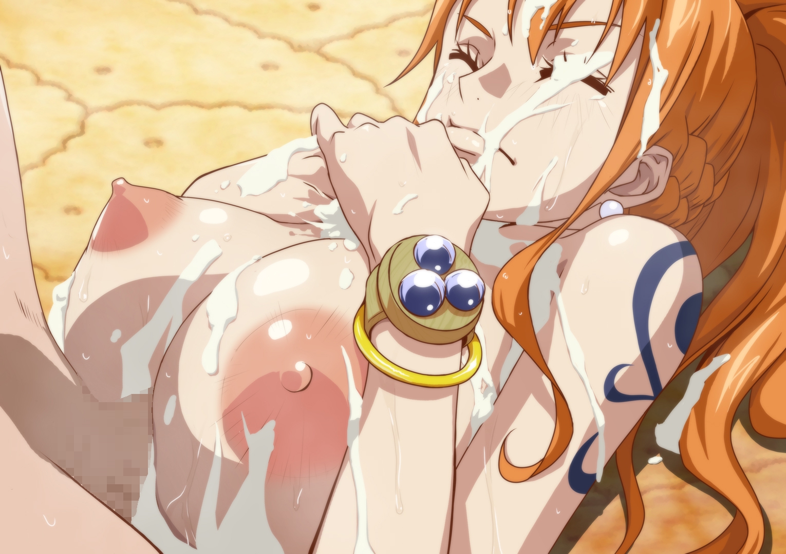 1boy, 1girls, arm tattoo, big breasts, blue tattoo, bracelet, breasts, busty, censored, closed eyes, cum, cum on body, cum on breasts, cum on face, female, female focus, kyabakurabakufu, large breasts, log pose, long hair, male, nami (one piece), nipples, nude, one piece, orange hair, orange-haired female, outercourse, paizuri, penis, tattoo, whole cake island