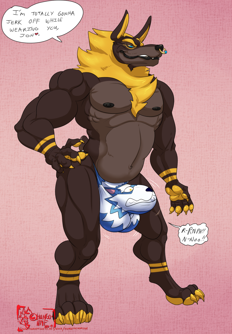 2019 4_toes 5_fingers animate_inanimate anpii anthro anubian_jackal biceps blonde_hair blue_eyes brown_skin bulge canid canine canis capcom claws clothing darkstalkers digitigrade english_text facial_piercing fingerpads fingers gallon grey_skin grin hair hand_on_hip hi_res hungothenomster jackal jon_talbain looking_down male male_only mammal mane markings multicolored_skin muscular muscular_male muscular_thighs nose_piercing nose_ring pawpads paws pecs piercing pink_background simple_background smile speech_bubble standing text tight_underwear toes two_tone_skin underwear underwear_transformation vampire_savior video_games were werewolf wolf