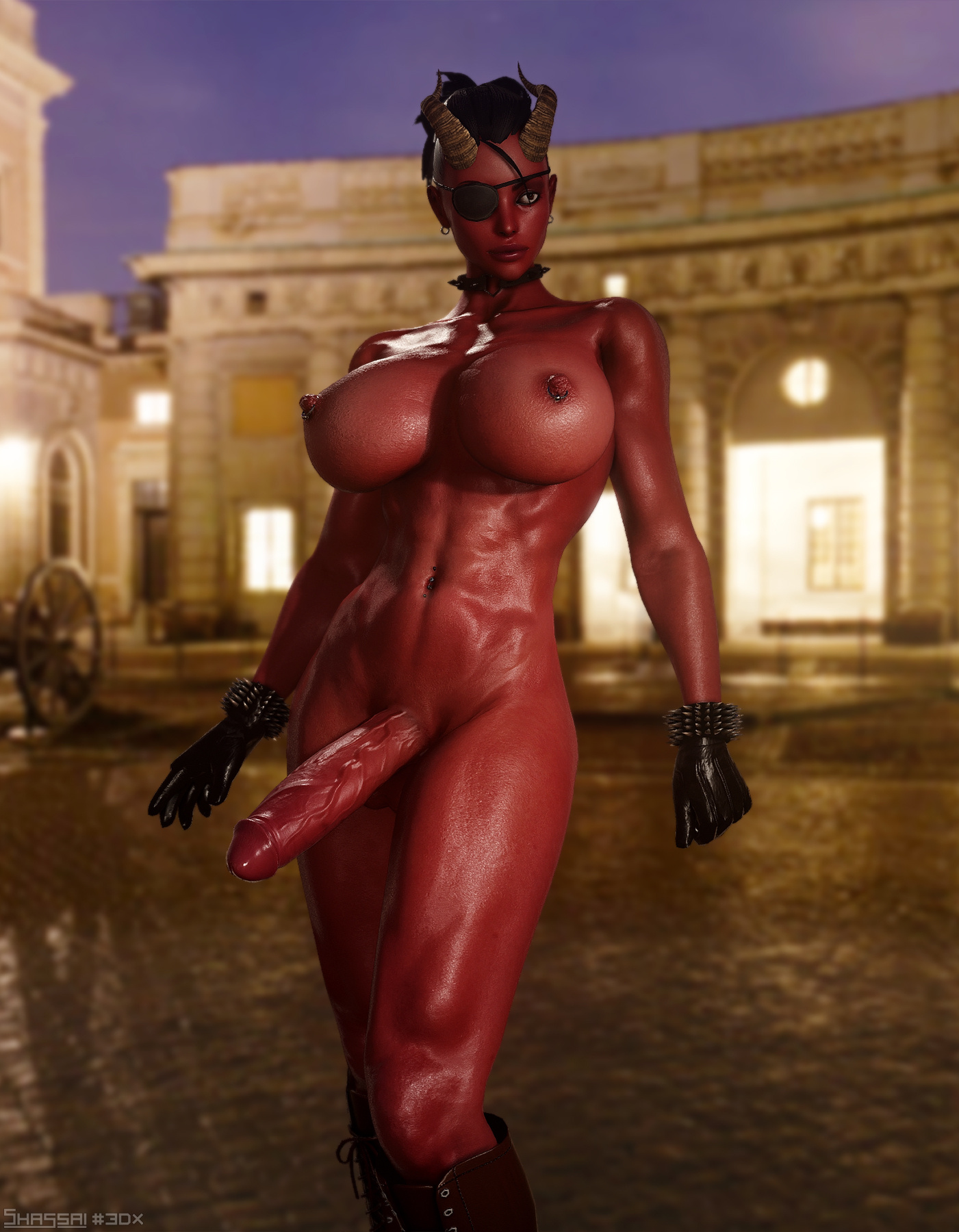 1futa, 3d, areolae, artist name, athletic, balls, breasts, collar, curvy, demon, demon futa, erect nipples, erection, exhibitionism, eye patch, eyepatch, fit, fit futa, futa only, futanari, gloves, horned humanoid, horns, huge breasts, intersex, large penis, long penis, max (shassai), midriff, muscular, muscular futa, nipple piercing, nipples, nude, penis, piercing, piercings, public, red skin, red-skinned futa, shassai, slim, solo futa, spikes, standing, veiny penis