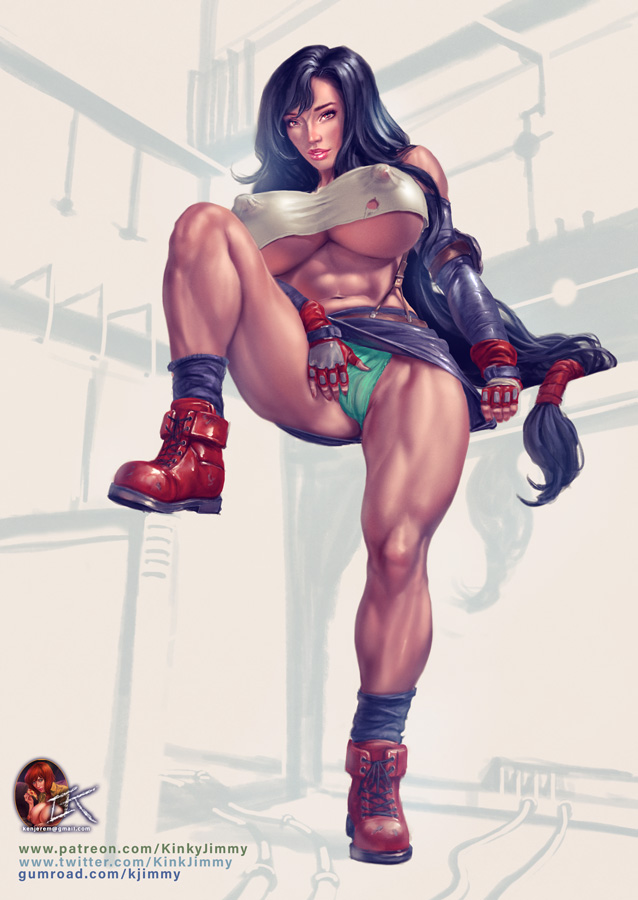 1girls, abs, alternate breast size, areola, areolae, ass, big areola, big ass, big breasts, big butt, big nipples, bimbo, black hair, breasts, cleavage, erect nipples, female, female only, final fantasy, final fantasy vii, huge ass, huge breasts, kinkyjimmy, long hair, looking at viewer, muscles, muscular, muscular female, nipple bulge, nipples, panties, patreon, puffy areola, pussy, pussy bulge, skimpy, solo, text, thick thighs, thighs, tifa lockhart, torn clothes, underboob, url, very long hair, watermark, wide hips