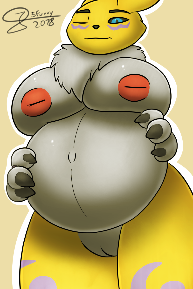 anthro belly big_belly big_breasts breasts canid digimon digimon_(species) female hands_on_belly hi_res igimon j5furry mammal navel neck_tuft pregnant pussy ready_to_pop renamon solo tuft