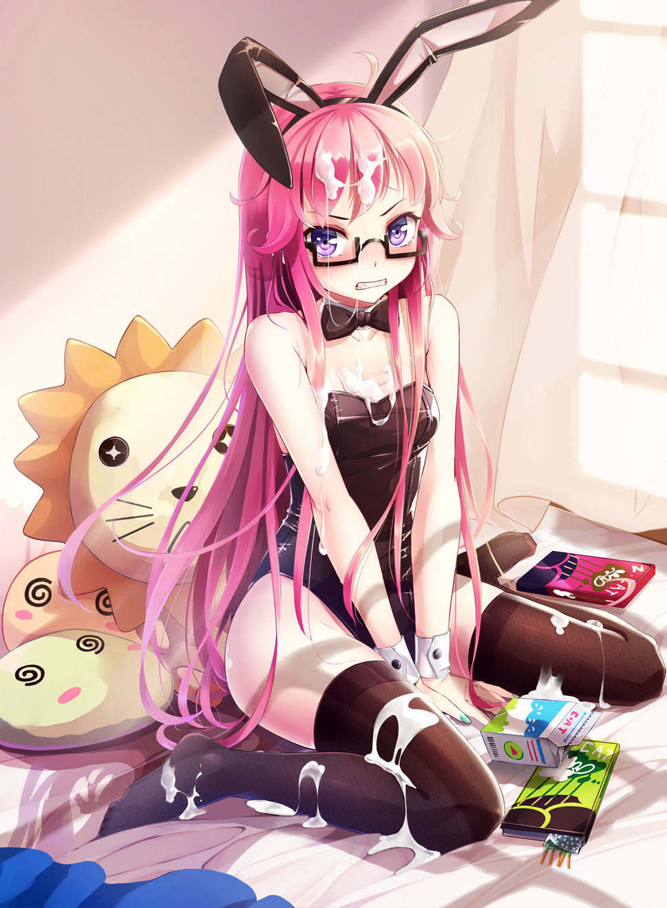 1girls angry bunnysuit glasses sitting tagme wait