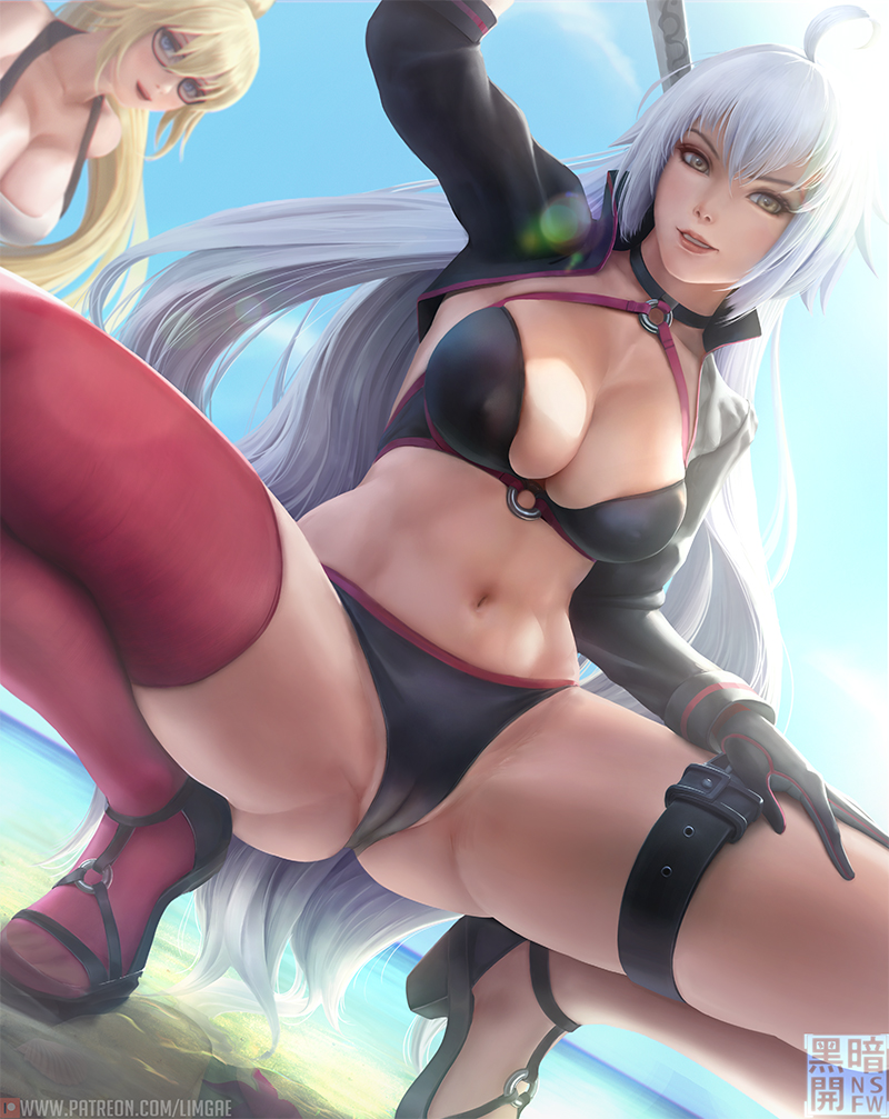 2girls, breasts, cameltoe, cleavage, fate (series), fate/grand order, female, jeanne alter, kneeling, limgae, looking at viewer, panties, pussy, solo focus, spread legs, squatting