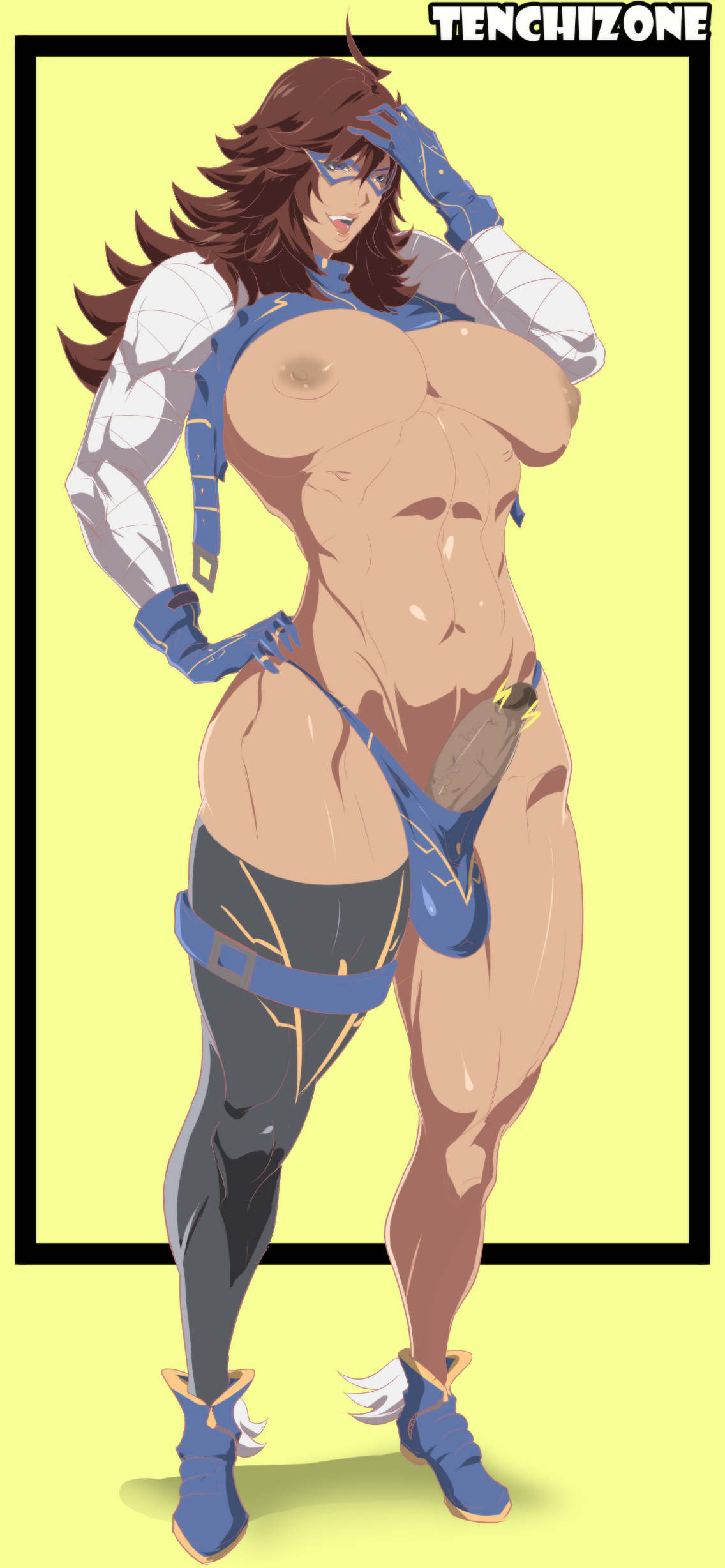 1futa, abs, areolae, artist name, athletic, big breasts, breasts, brown hair, censored, color, dickgirl, erection, futa only, futanari, gloves, half nude, hand on head, hand on hip, intersex, long hair, mask, midriff, muscles, muscular, muscular futa, muscular thighs, nipples, penis, penis out, shirt lift, standing, tanned, tenchizone, thick thighs, wide hips, wrestling