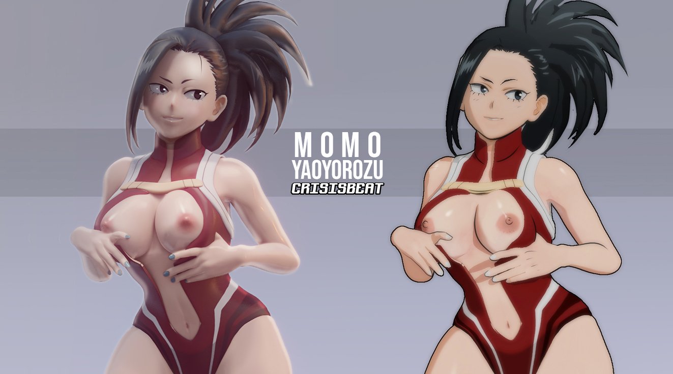 1girls, 3d, abs, areolae, armpits, belly, black eyes, black hair, black-haired female, blue nails, breasts, crisisbeat, edit, female, hero outfit (mha), human, human female, large breasts, leotard, light-skinned female, looking away, midriff, momo yaoyorozu, momo yaoyorozu (hero outfit), my hero academia, navel, nipples, ponytail, slim waist, smile, solo, source request, superheroine, text, thick thighs, watermark, wide hips