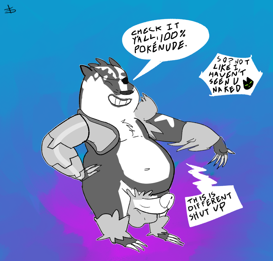 1boy anthro badger badgerclops balls belly chubby closed_eyes cosplay crossover english_text eye_patch eyewear furry humanoid_penis male male_only mammal mao_mao_heroes_of_pure_heart mustelid musteline navel nintendo obstagoon original_character overweight overweight_male penis pokémon_(species) pokemon pokemon_ss prosthetic_arm text video_games watermark yumyumteeth