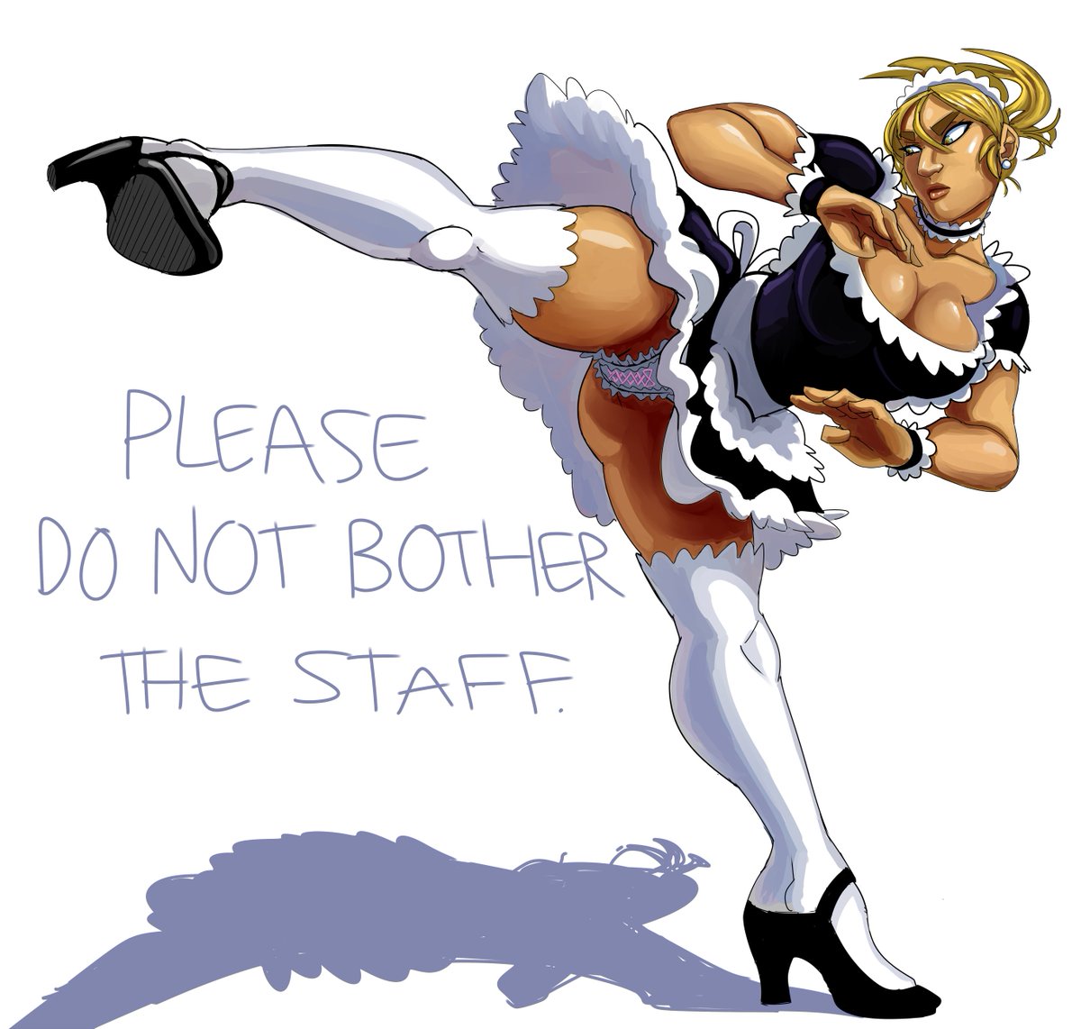 action_pose athletic biceps big_nose blonde_hair breasts busty cleavage earrings female female_only green_eyes high_heels high_kick hivethebastard kicking lyren_(hivebastard) maid maid_apron maid_headdress maid_uniform muscular_female panties pose posing prominent_nose skirt thick_eyebrows thick_thighs thighhighs tied_hair