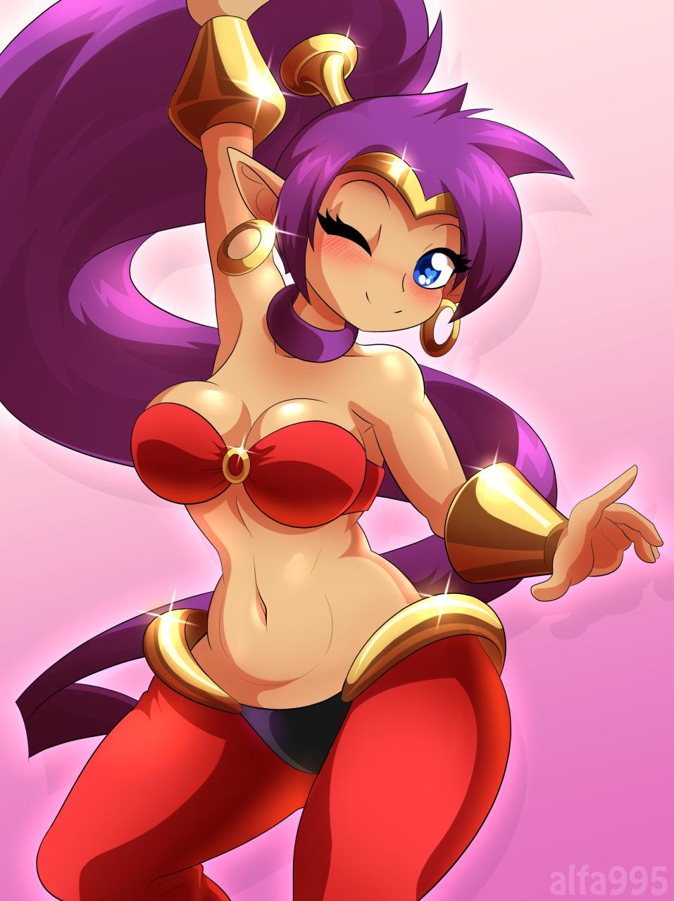 1girls, alfa995, arabian clothes, arm up, blue eyes, blush, breasts, cleavage, clothing, collar, dancer, earrings, female, harem outfit, jewelry, large breasts, looking at viewer, navel, one eye closed, pants, pointy ears, ponytail, purple hair, shantae, shantae (character), smile, smooth skin, wide hips