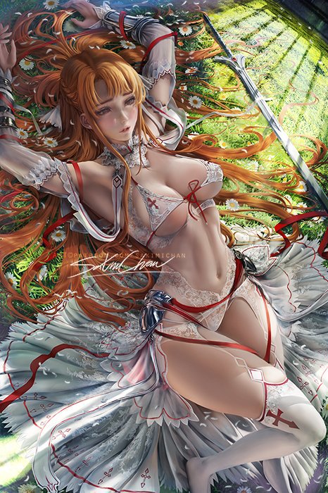 1girls, breasts, cleavage, female, female only, laying, laying down, lingerie, lowres, sakimichan, sideboob, sword, sword art online, thick thighs, thighs, underboob, yuuki asuna