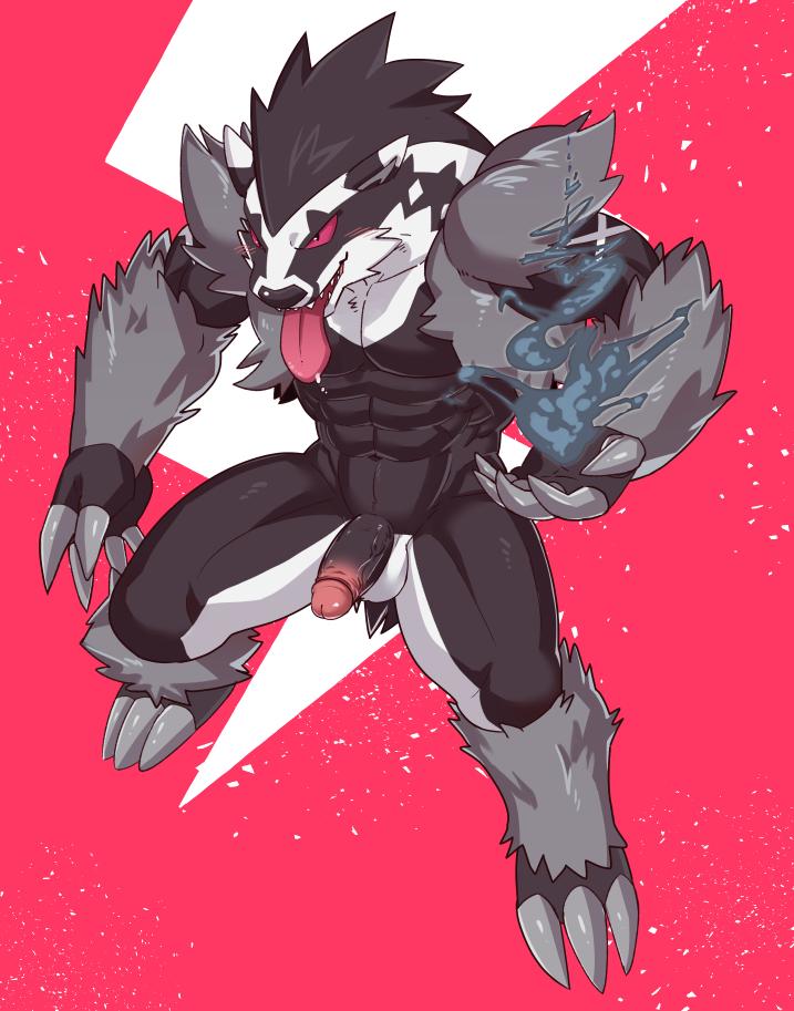 1boy 2019 abs anthro black_fur chang52084 claws erection front_view fur humanoid_penis long_tongue male male_only nintendo nude obstagoon penis pokémon_(species) pokemon pokemon_ss simple_background smile solo solo_male standing testicles tongue video_games white_fur