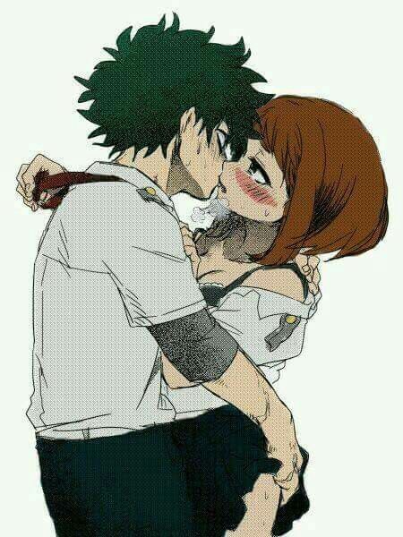 1boy, 1girls, ass, ass grab, brown eyes, brown hair, brown-haired female, canon couple, chubby female, female, green eyes, green hair, green-haired male, horny female, izuku midoriya, kissing, male, my hero academia, ochako uraraka