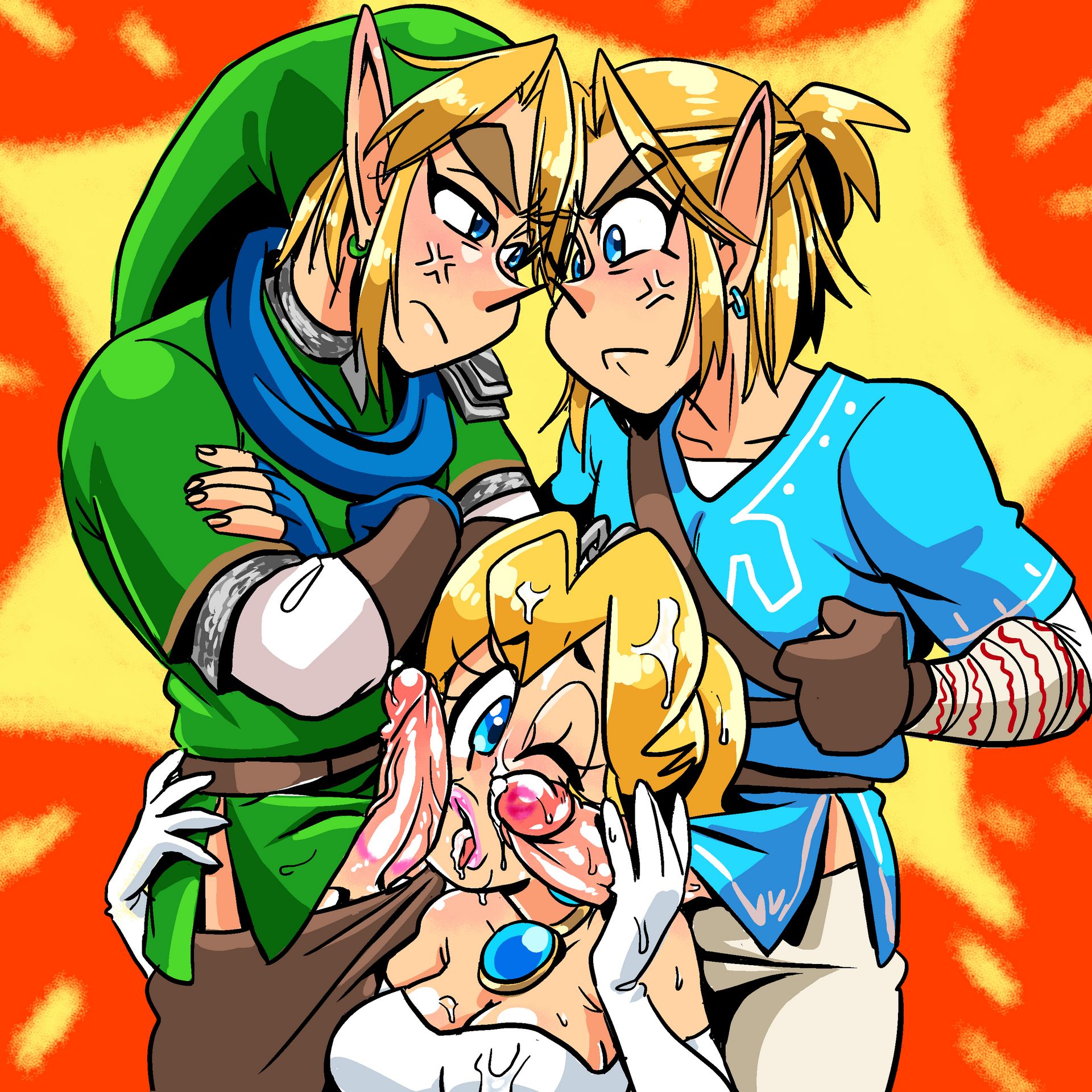 1girls, 2boys, anger vein, angry, arm around leg, arm support, balls, blonde hair, blue eyes, blush, breasts, breath of the wild, brooch, cleavage, clenched hand, clothed, clothing, competition, crossed arms, crossover, cum, cum in hair, cum in mouth, cum on body, dress, earrings, fellatio, female, fingerless gloves, hair, highres, hyrule warriors, kiss mark, kiss mark on penis, kiss ring, link, link (breath of the wild), link (hyrule warriors), lips, lipstick, lipstick mark, lipstick on penis, lipstick ring, male, mario (series), medium breasts, multiple boys, multiple males, multiple penises, nintendo, oral, oral sex, pants, penis, penis on face, penis out, pink lipstick, pointy ears, princess peach, sasatseng, straight, super mario odyssey, sweat, testicles, the legend of zelda, tiara, wedding dress
