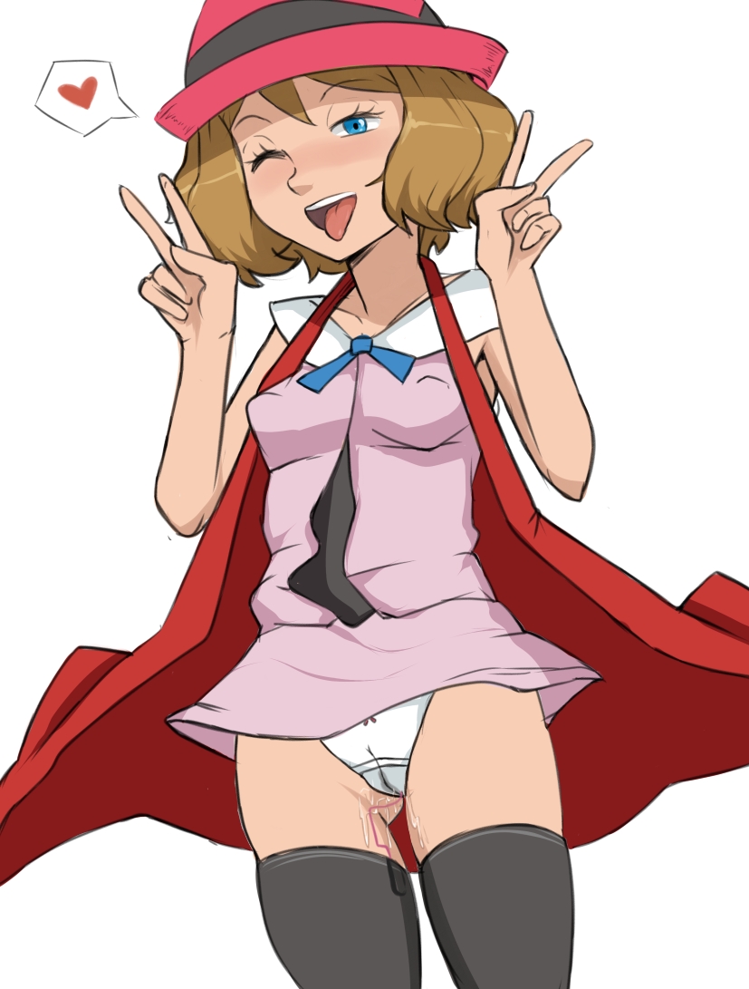 1girls, black legwear, black stockings, black thighhighs, blue eyes, blush, blushing, bow, bow panties, breasts, brown hair, cameltoe, clothing, double peace sign, double v, erect nipples, erect nipples under clothes, eyebrows visible through hair, eyelashes, female, female focus, female only, fully clothed, half-closed eyes, hat, heart, highres, human, human only, jpeg, legwear, looking at viewer, nintendo, nipple outline, nipples, one eye closed, open mouth, panties, pantyshot, peace sign, pokemon, pokemon xy, post-orgasm, pussy, pussy juice, pussy juice drip, pussy juice drip through clothes, pussy juice trail, reach025, red hat, serena (pokemon), sex toy, sexually suggestive, shiny hair, short hair, small breasts, smile, smiling, solo, speech bubble, spoken heart, standing, stockings, teeth, thigh gap, thighhighs, tongue, tongue out, underwear, v, vibrator, vibrator cord, vibrator in thighhighs, vibrator under panties, wet, wet pussy, white background, white panties, white underwear, wink, winking