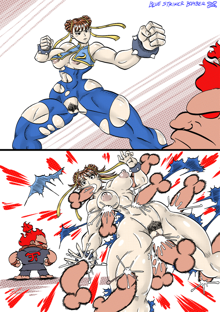 1boy, 1girls, action pose, akuma, anal penetration, areola slip, ass, biceps, big breasts, bluestrikerbomber, breasts, brown hair, busty, capcom, chun-li, clothed male nude female, cmnf, color, comic, cum, cum in ass, cum in mouth, cum in pussy, cum inside, cum on body, cum on breasts, defeated, disembodied penis, duo, erect nipples, fellatio, female, female pubic hair, fight, fighting stance, functionally nude, gouki, hair bun, hair ribbon, humor, male, multiple penises, muscles, muscular, muscular female, muscular thighs, nipple slip, nipples, orange hair, panels, partially clothed, penis, pubic hair, pussy, rape, red eyes, ripped clothing, straight, street fighter, triple penetration, underboob, vagina, vaginal penetration, wide hips