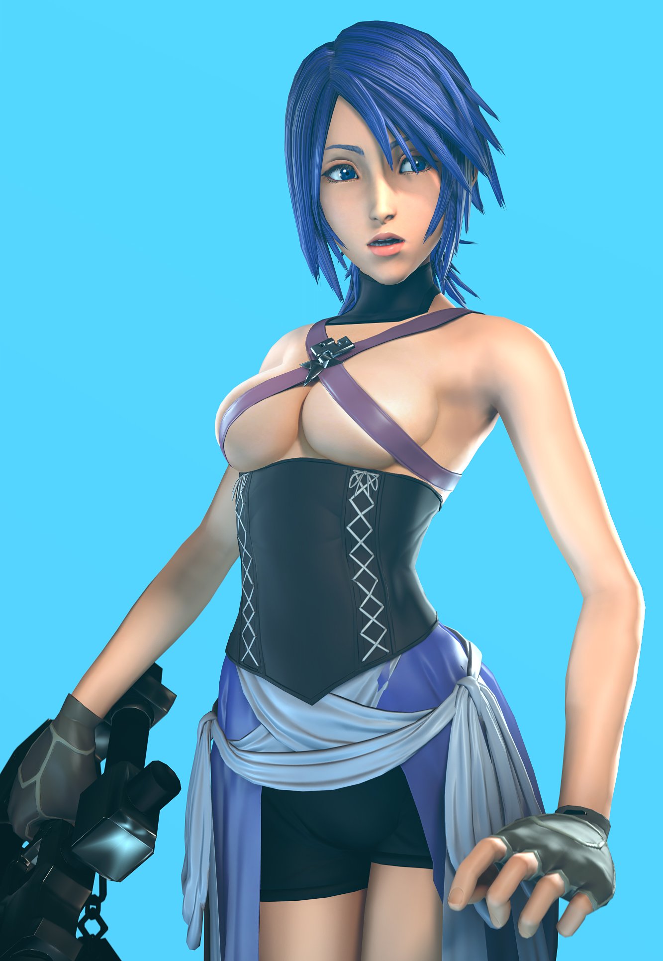 1girls, 3d, aqua (kingdom hearts), batesz, blue hair, blue-haired female, bottomwear, clothing, disney, female, fingerless gloves, gloves, handwear, human, keyblade, kingdom hearts, kingdom hearts birth by sleep, short hair, square enix, weapon