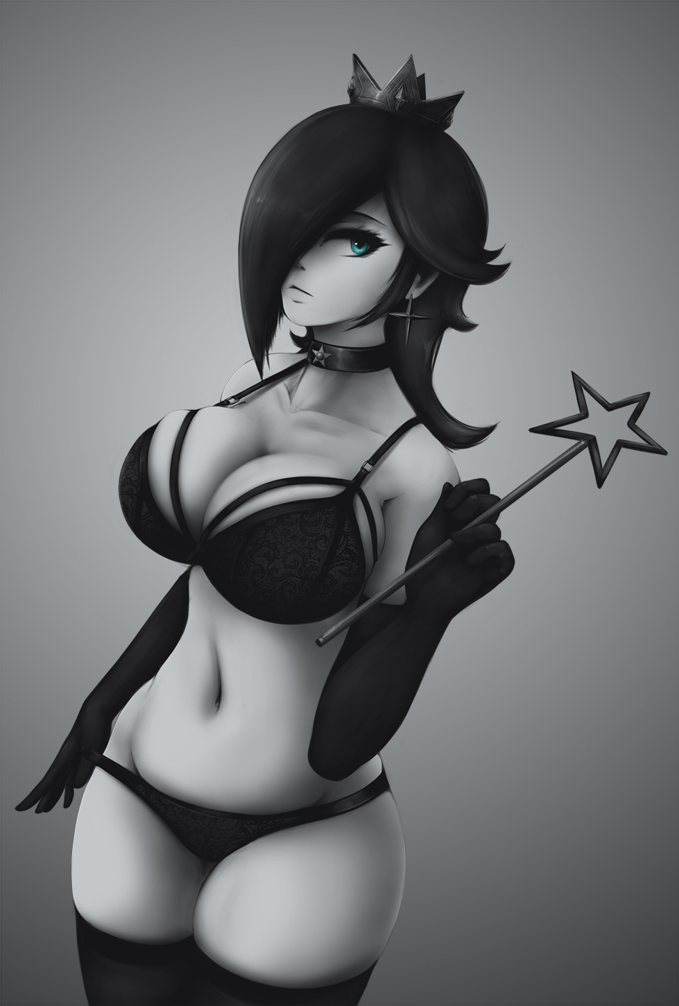 1girls, alternate hair color, big breasts, black hair, black lingerie, black stockings, blue eyes, bra, breasts, choker, cleavage, crown, earrings, elbow gloves, female, female only, full cleavage, gloves, goth, goth rosalina, hair over one eye, impracticalart, large breasts, lingerie, mario (series), naked stockings, nintendo, panties, princess rosalina, solo, stockings, super mario galaxy, thighhighs, thong