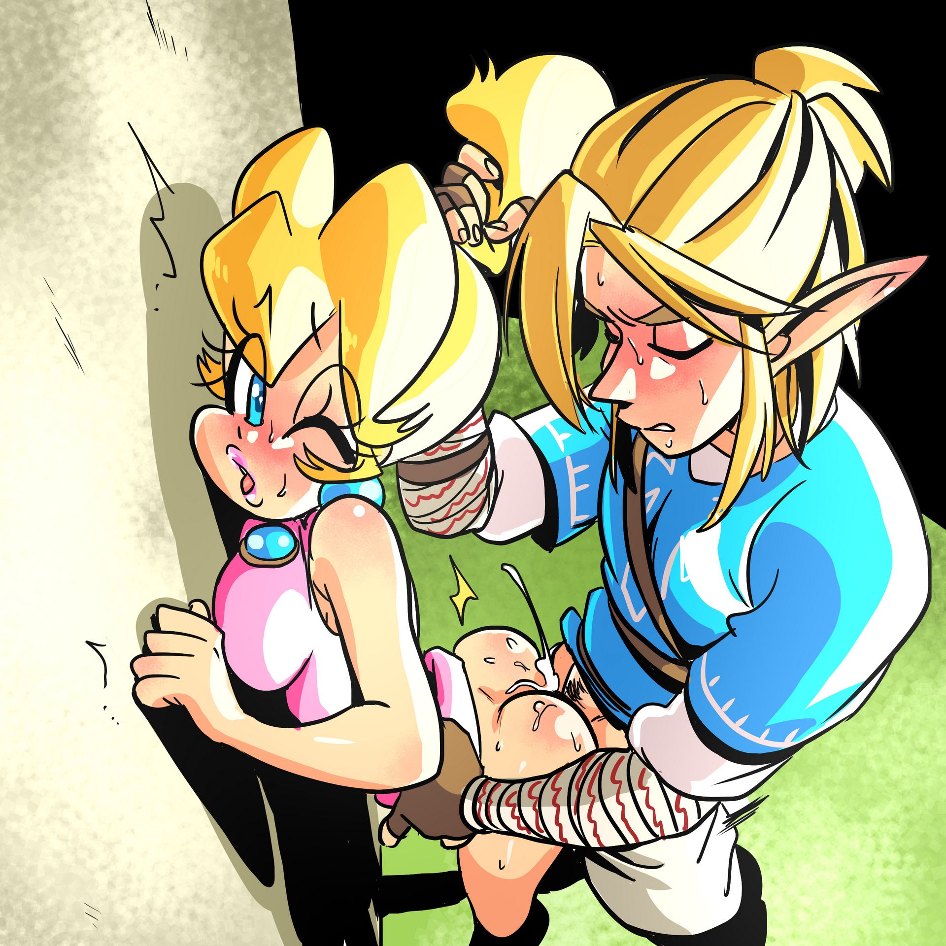 1boy, 1girls, against wall, ambiguous penetration, ass, blonde hair, blue eyes, blush, breasts, breath of the wild, closed eyes, clothed, clothed sex, clothing, crossover, cum, cum inside, earrings, ejaculation, female, fingerless gloves, from behind, grabbing, grabbing from behind, hair, hair grab, hand on waist, highres, link, link (breath of the wild), lips, lipstick, looking at another, looking at partner, looking back, makeup, male, mario (series), nintendo, no panties, one eye closed, outdoors, pink lipstick, pointy ears, princess peach, pubic hair, sasatseng, sex, standing, straight, the legend of zelda