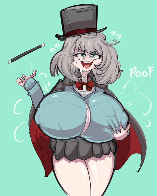 1girls, ahe gao, blue background, blue eyes, breast expansion, breast grab, breast growth, breast growth (enlargement), breasts, bursting breasts, cape, drooling, erect nipples, female, grabbing own breast, grey hair, huge breasts, nipples, skirt, solo, tears, tejina senpai, tejina senpai (character), thick thighs, top hat