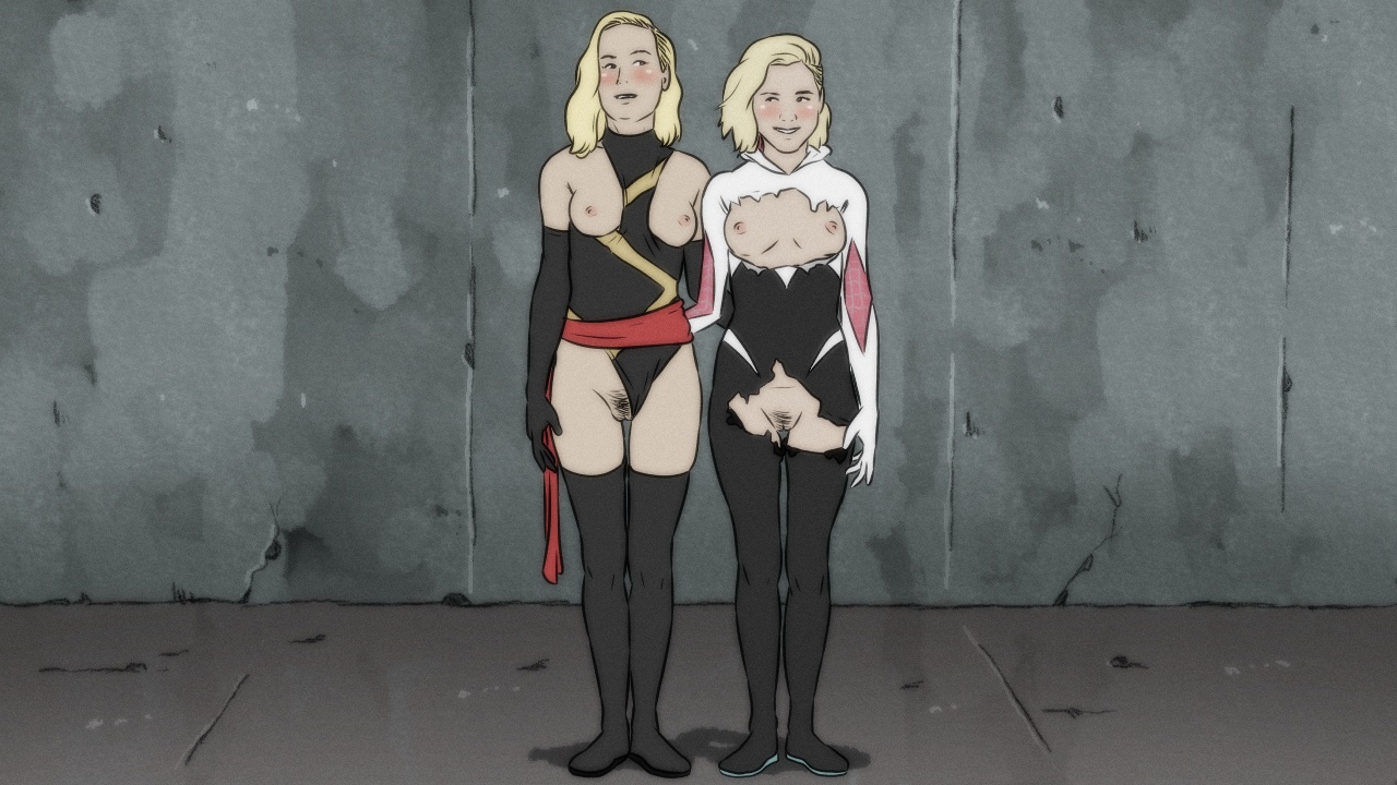 2girls, avengers, blonde hair, breasts, brie larson, captain marvel, carol danvers, eccentrix, female, female only, gwen stacy, human, human only, kiernan shipka, leotard, leotard aside, light skin, light-skinned female, marvel, marvel comics, mature, mature female, ms. marvel, ms. marvel (carol danvers), multiple females, multiple girls, pubic hair, pussy, ripped clothing, spider-gwen, spider-man (series), temon, torn clothes, vagina