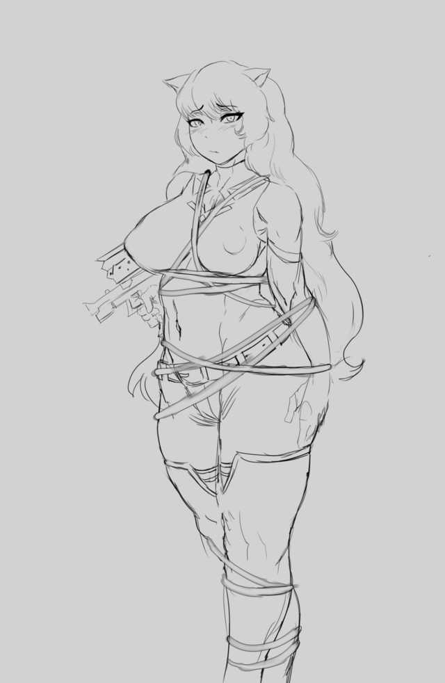 1girls, abs, ass, big ass, big breasts, blake belladonna, bondage, breasts, female, gambol shroud, jlullaby, large breasts, looking at viewer, monochrome, nipple bulge, pants, rope, rwby, thick thighs, topless, wide hips