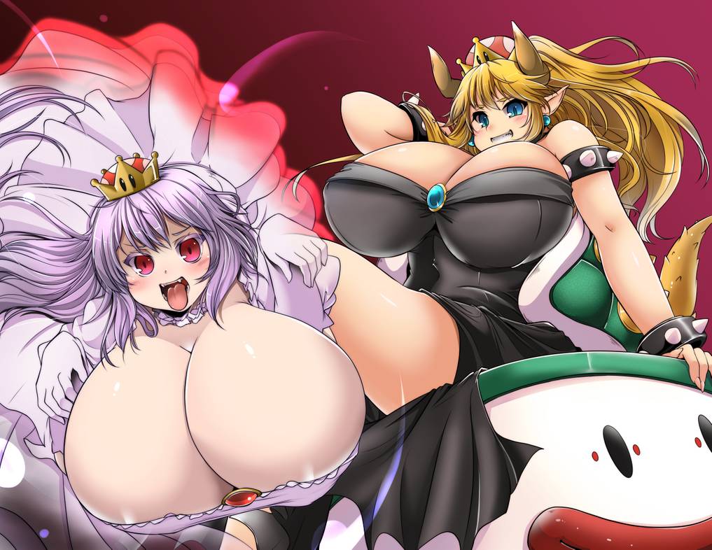 2girls big_breasts blonde_hair blue_eyes boosette bowsette bowtie breasts cleavage crown dress duo duo_focus female_focus female_only genderswap ghost horns huge_breasts koopa_clown_car kurocaze long_hair mario_(series) new_super_mario_bros._u_deluxe nintendo pointy_ears red_eyes spiked_bracelet super_crown top_heavy white_hair