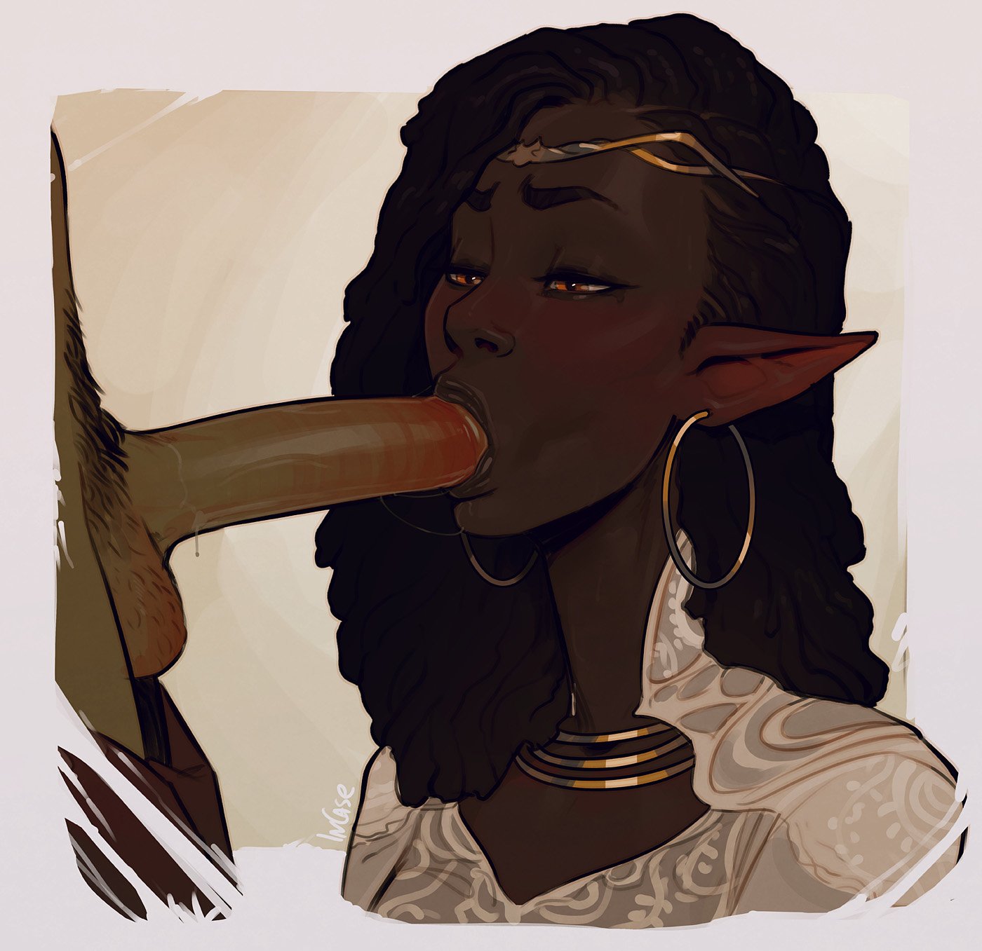 asymmetrical hair, black hair, black lips, blowjob, blush, circlet, dark elf, dark skin, dark-skinned female, dark-skinned sub, duo, elf, elf female, fellatio, female, green penis, green skin, hairlocs, hoop earrings, incase, interspecies, large penis, lips, long hair, male, male pubic hair, male/female, neck ring, nose, oral, oral penetration, oral sex, orange eyes, orc, orc male, original, penetration, penis, pointy ears, pubic hair, saliva on penis, saliva trail, sex, straight